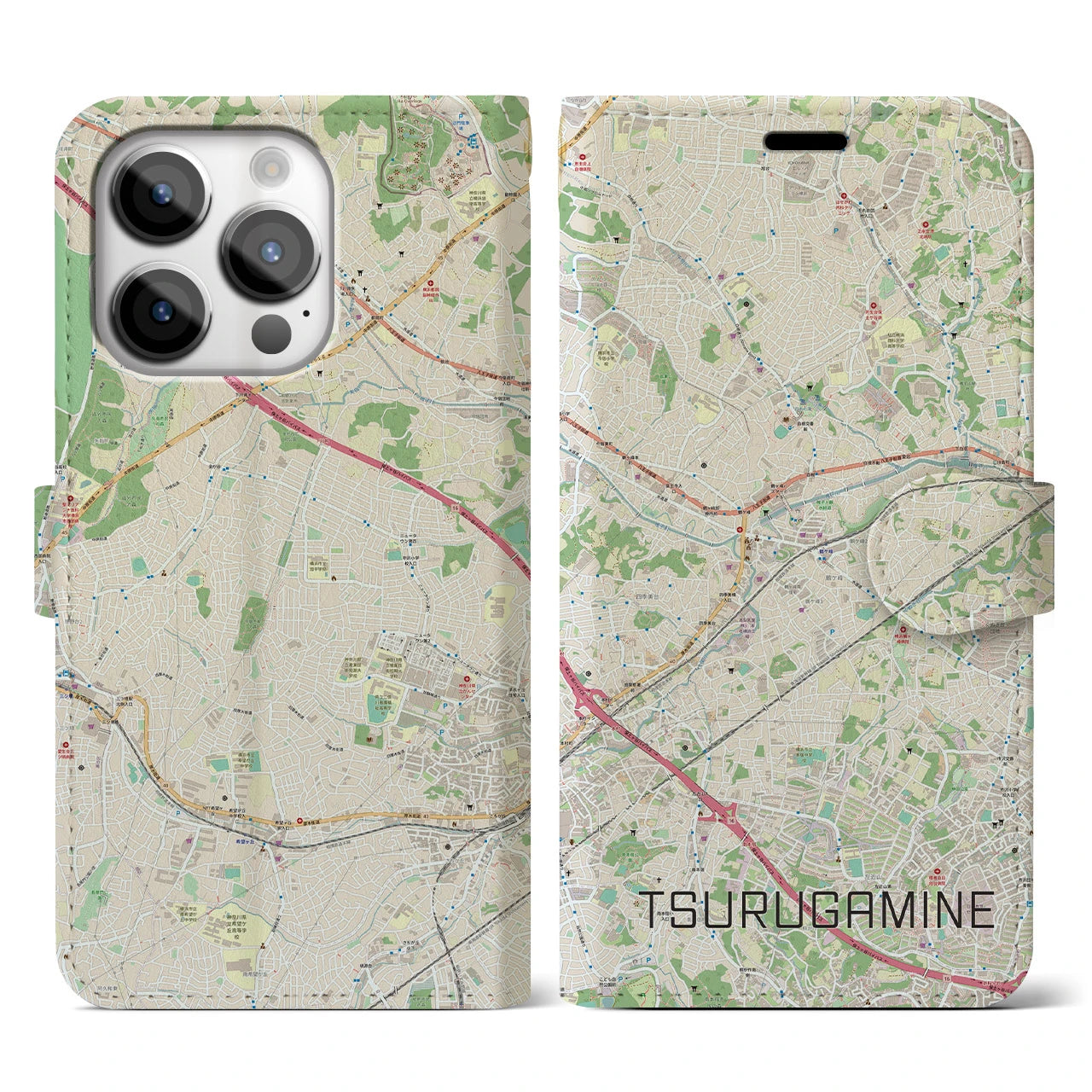 【鶴ヶ峰(神奈川県)】地図柄iPhoneケース(手帳タイプ)ナチュラル・iPhone 14 Pro 用