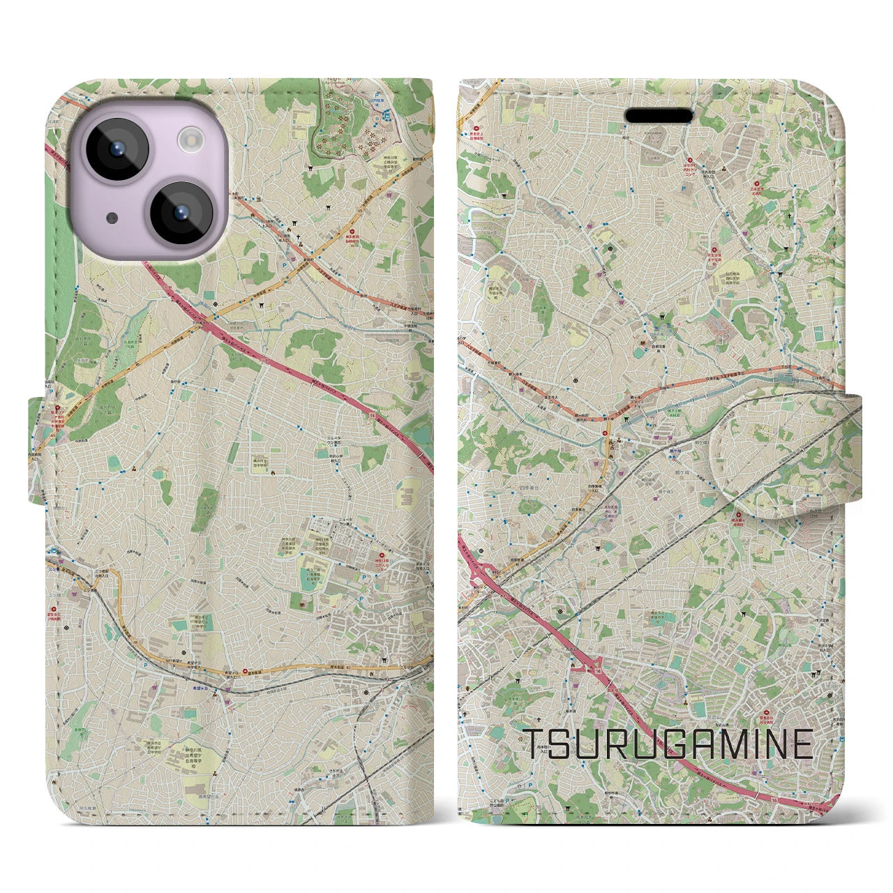 【鶴ヶ峰(神奈川県)】地図柄iPhoneケース(手帳タイプ)ナチュラル・iPhone 14 用