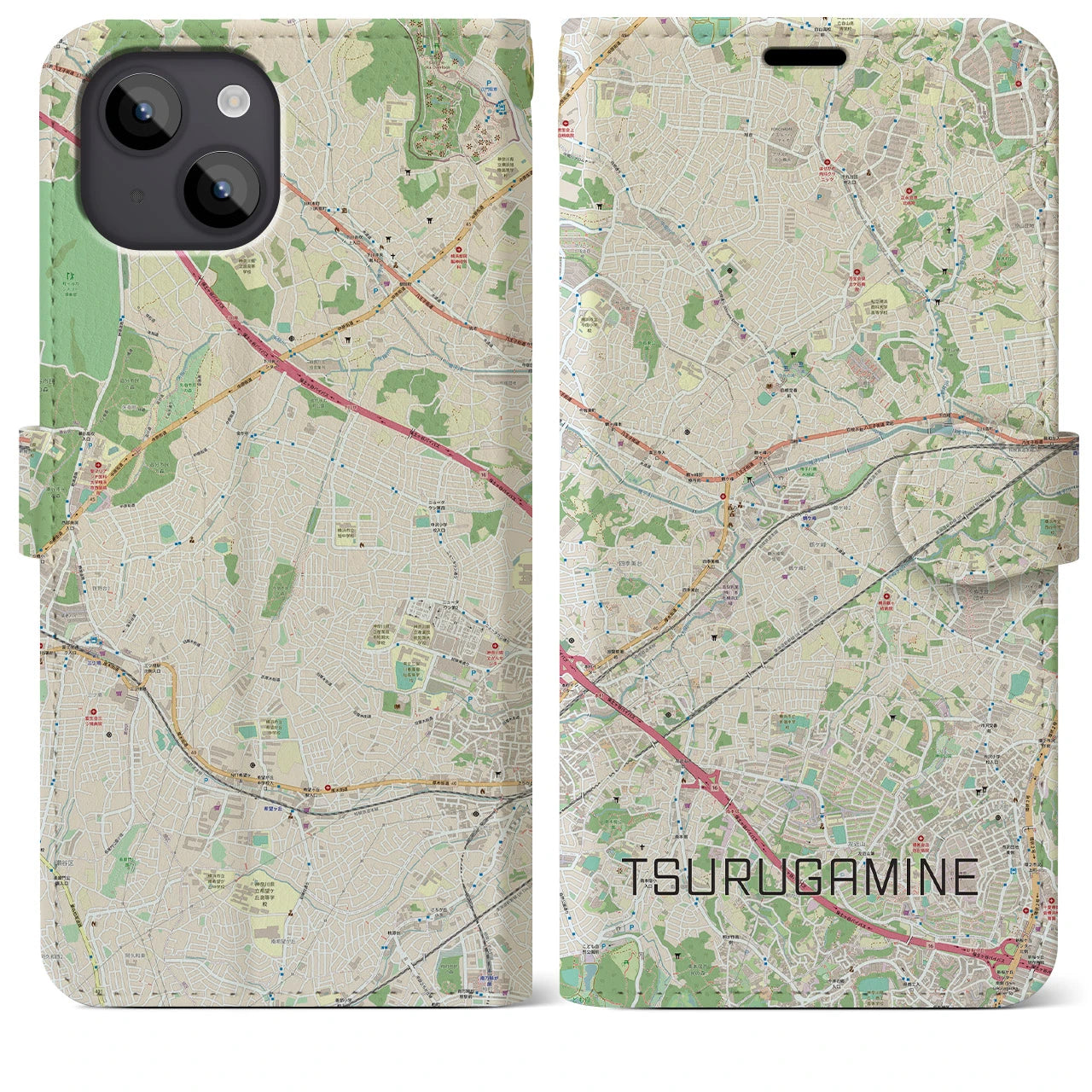 【鶴ヶ峰(神奈川県)】地図柄iPhoneケース(手帳タイプ)ナチュラル・iPhone 14 Plus 用