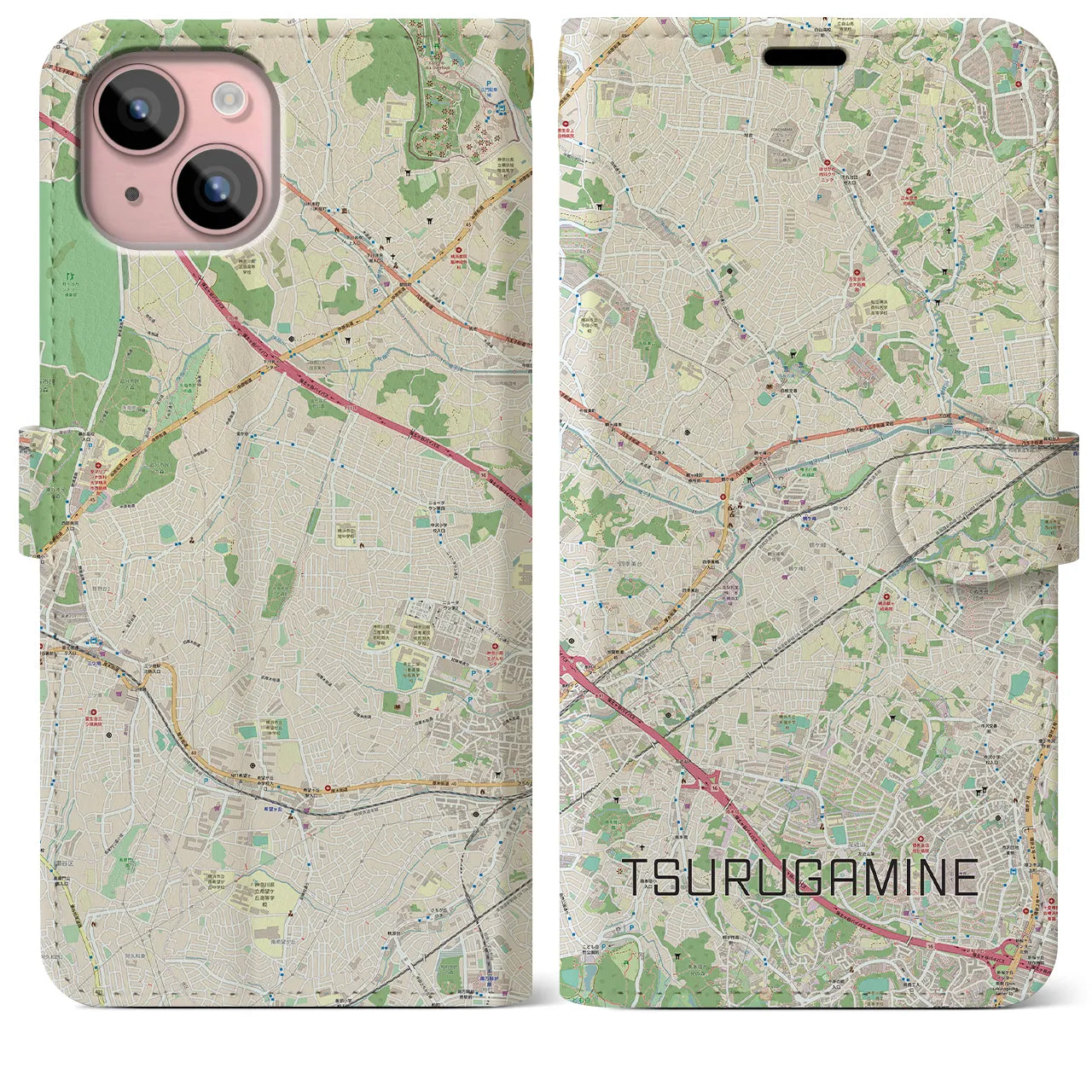 【鶴ヶ峰(神奈川県)】地図柄iPhoneケース(手帳タイプ)ナチュラル・iPhone 15 Plus 用