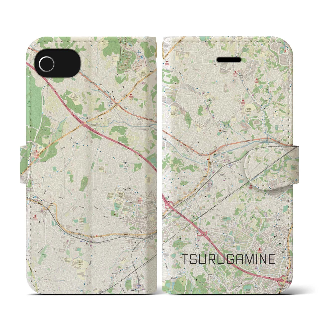 【鶴ヶ峰(神奈川県)】地図柄iPhoneケース(手帳タイプ)ナチュラル・iPhone SE(第3 / 第2世代) / 8 / 7 / 6s / 6 用