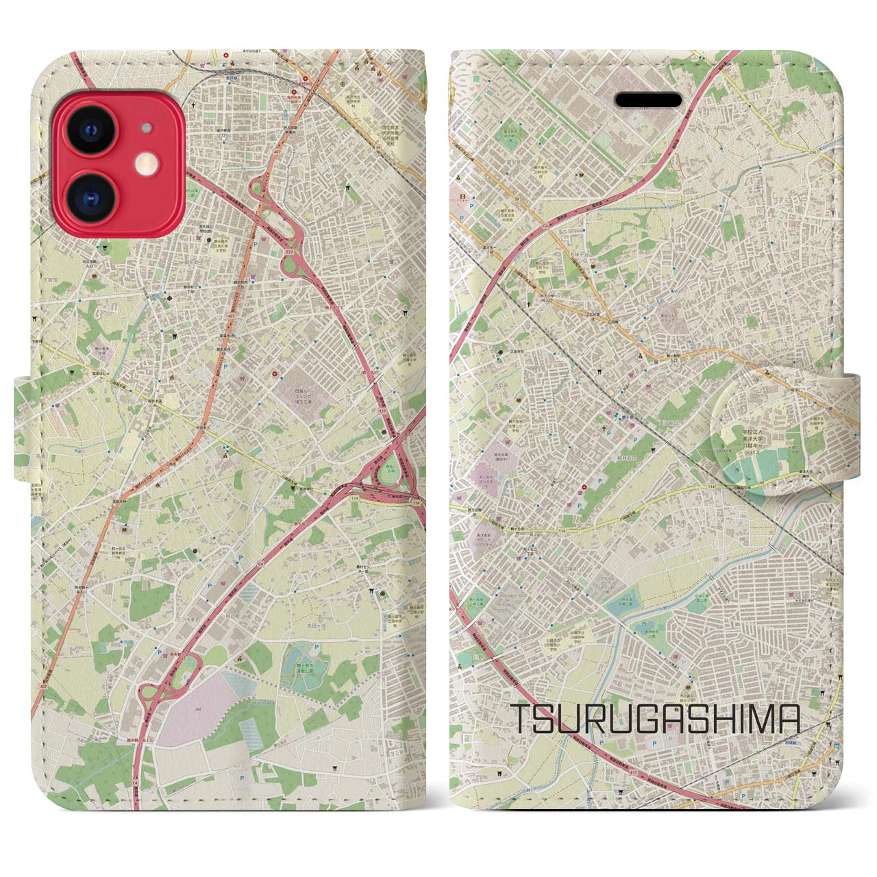 【鶴ヶ島(埼玉県)】地図柄iPhoneケース(手帳タイプ)ナチュラル・iPhone 11 用
