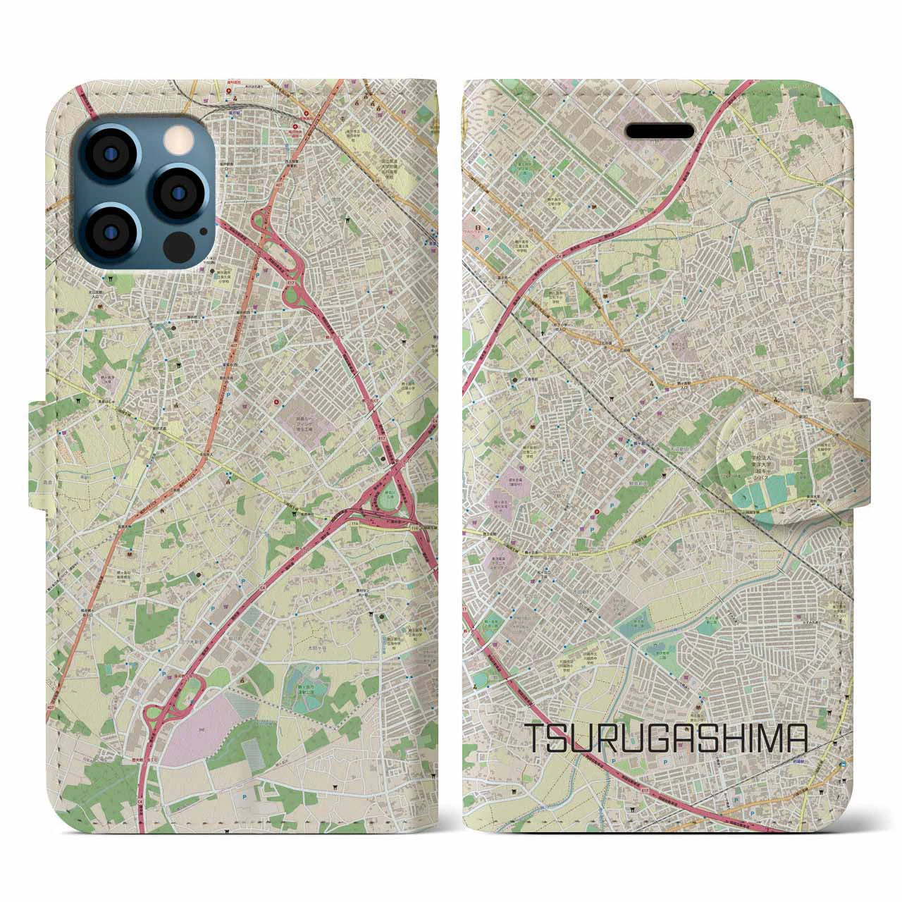【鶴ヶ島(埼玉県)】地図柄iPhoneケース(手帳タイプ)ナチュラル・iPhone 12 / 12 Pro 用