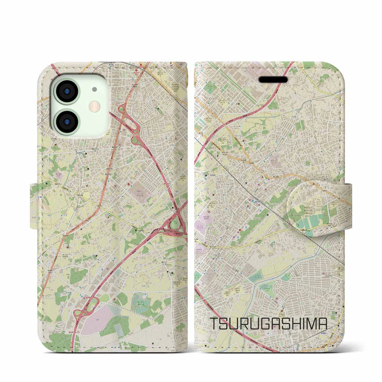 【鶴ヶ島(埼玉県)】地図柄iPhoneケース(手帳タイプ)ナチュラル・iPhone 12 mini 用