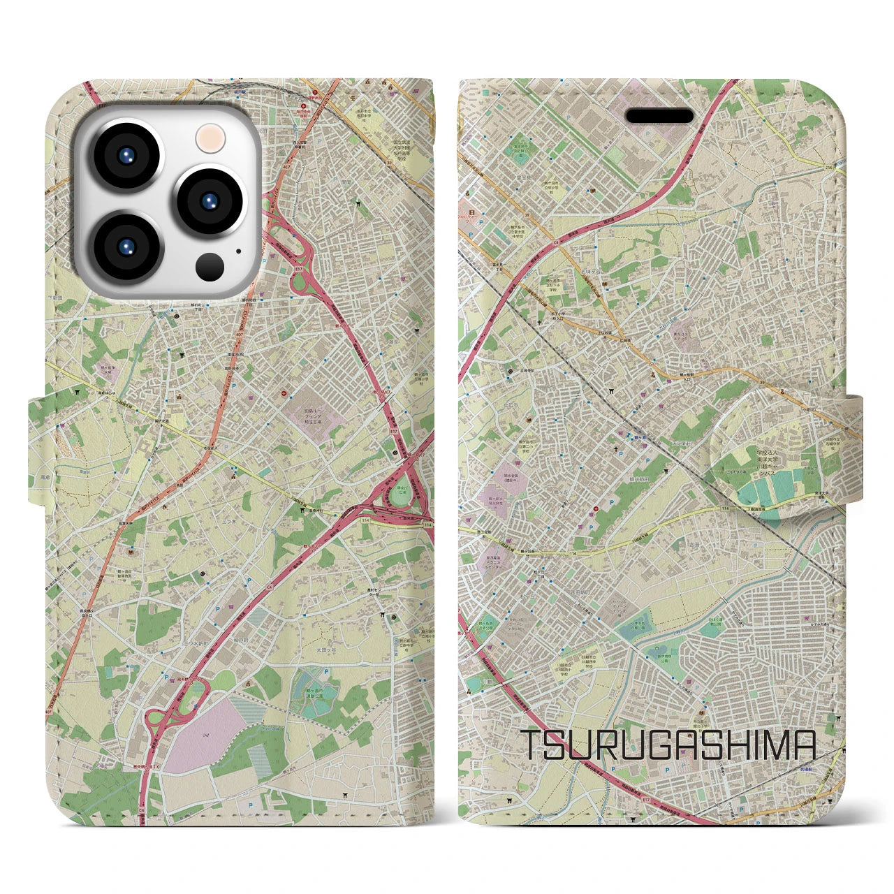【鶴ヶ島(埼玉県)】地図柄iPhoneケース(手帳タイプ)ナチュラル・iPhone 13 Pro 用