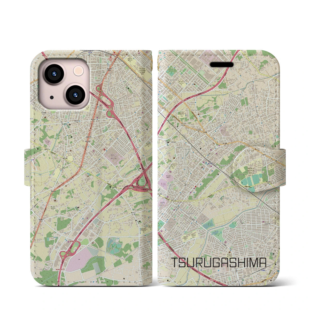 【鶴ヶ島(埼玉県)】地図柄iPhoneケース(手帳タイプ)ナチュラル・iPhone 13 mini 用
