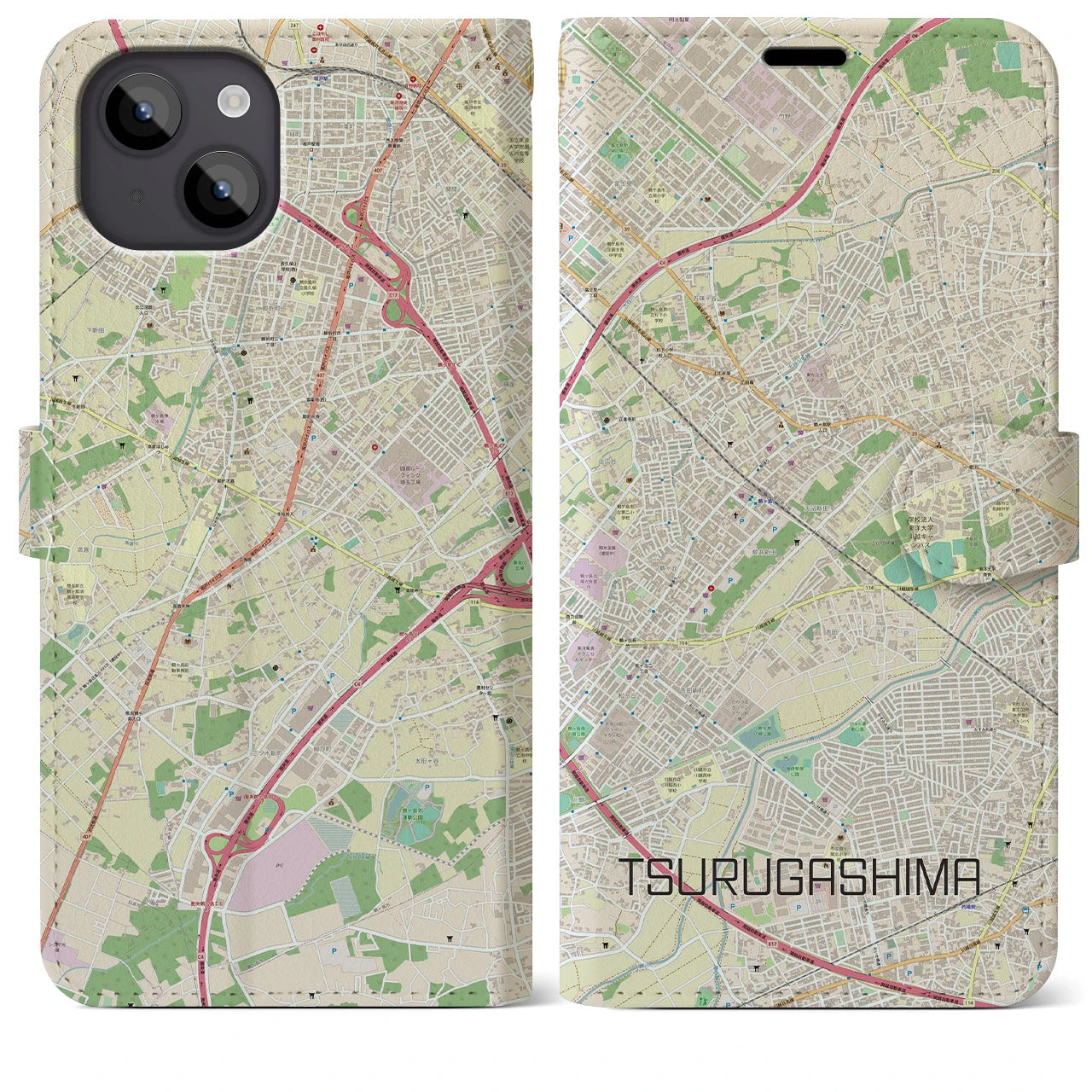 【鶴ヶ島(埼玉県)】地図柄iPhoneケース(手帳タイプ)ナチュラル・iPhone 14 Plus 用