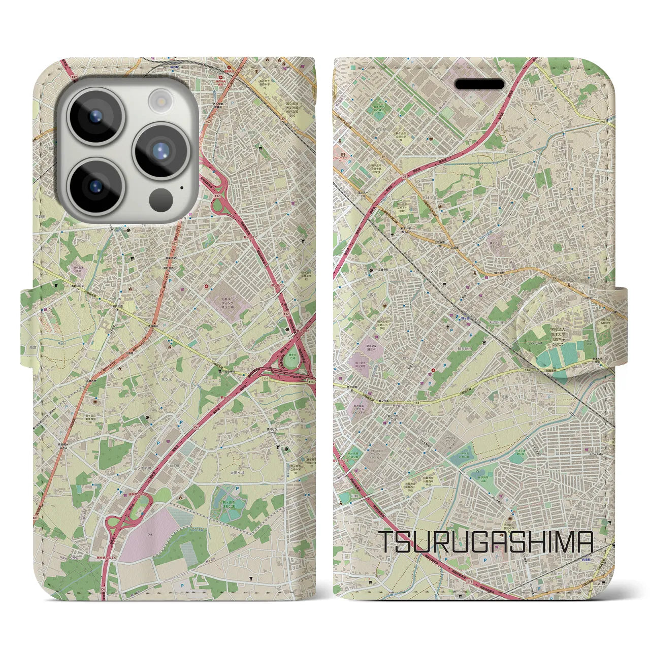 【鶴ヶ島(埼玉県)】地図柄iPhoneケース(手帳タイプ)ナチュラル・iPhone 15 Pro 用