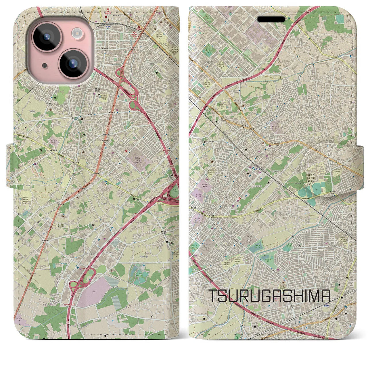【鶴ヶ島(埼玉県)】地図柄iPhoneケース(手帳タイプ)ナチュラル・iPhone 15 Plus 用