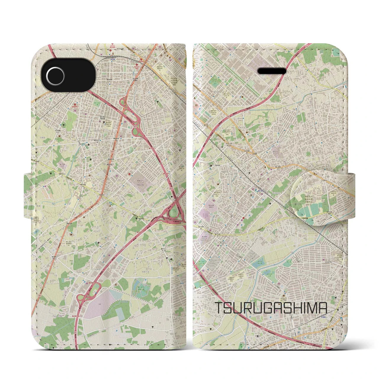 【鶴ヶ島(埼玉県)】地図柄iPhoneケース(手帳タイプ)ナチュラル・iPhone SE(第3 / 第2世代) / 8 / 7 / 6s / 6 用