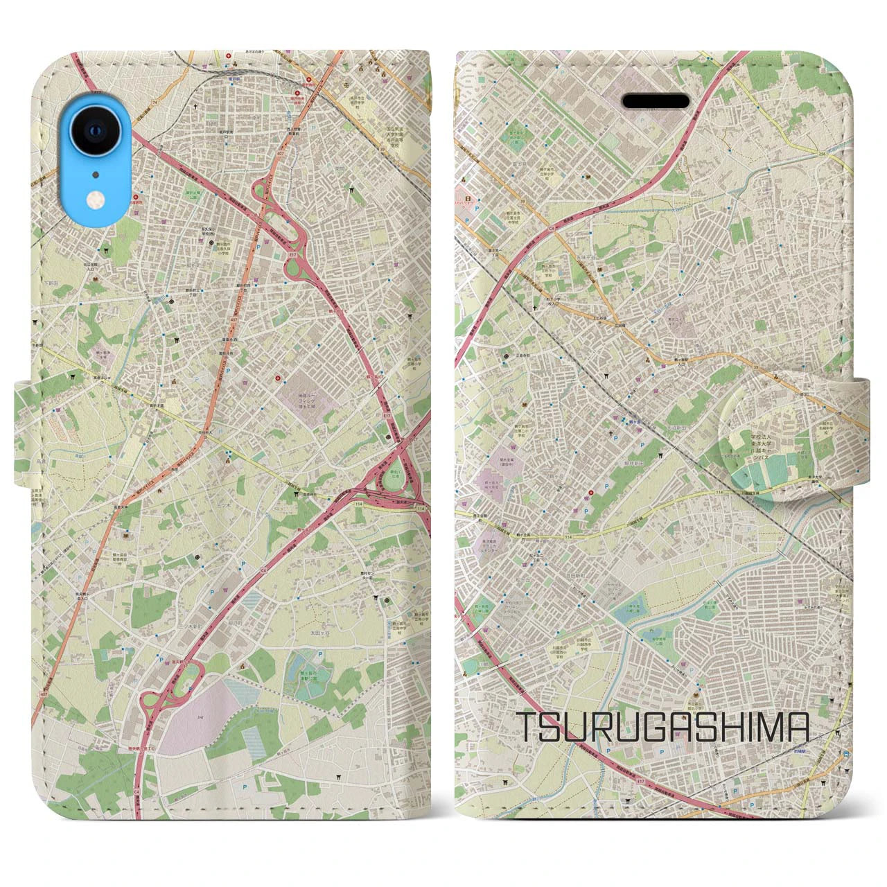 【鶴ヶ島(埼玉県)】地図柄iPhoneケース(手帳タイプ)ナチュラル・iPhone XR 用