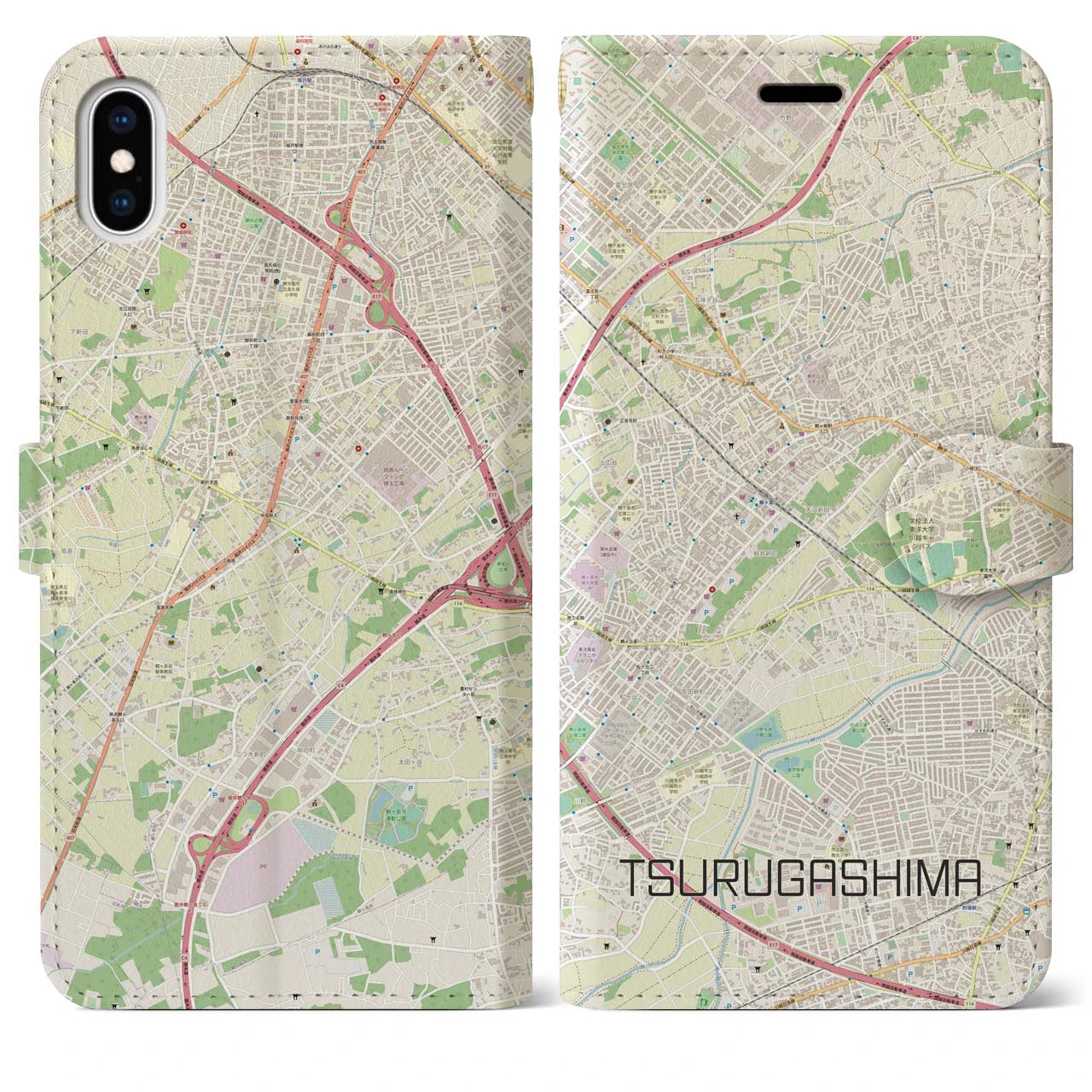 【鶴ヶ島(埼玉県)】地図柄iPhoneケース(手帳タイプ)ナチュラル・iPhone XS Max 用