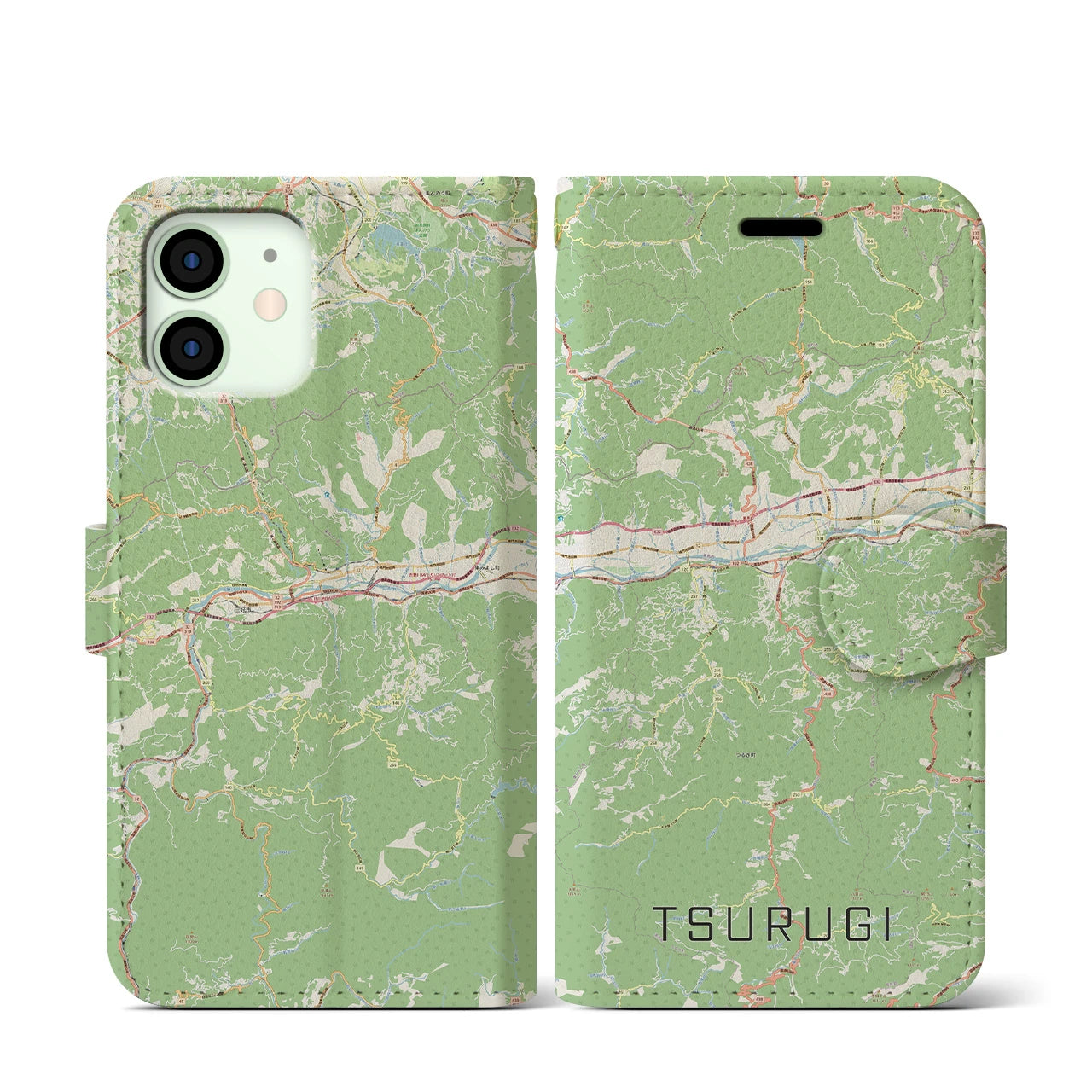 【つるぎ(徳島県)】地図柄iPhoneケース(手帳タイプ)ナチュラル・iPhone 12 mini 用