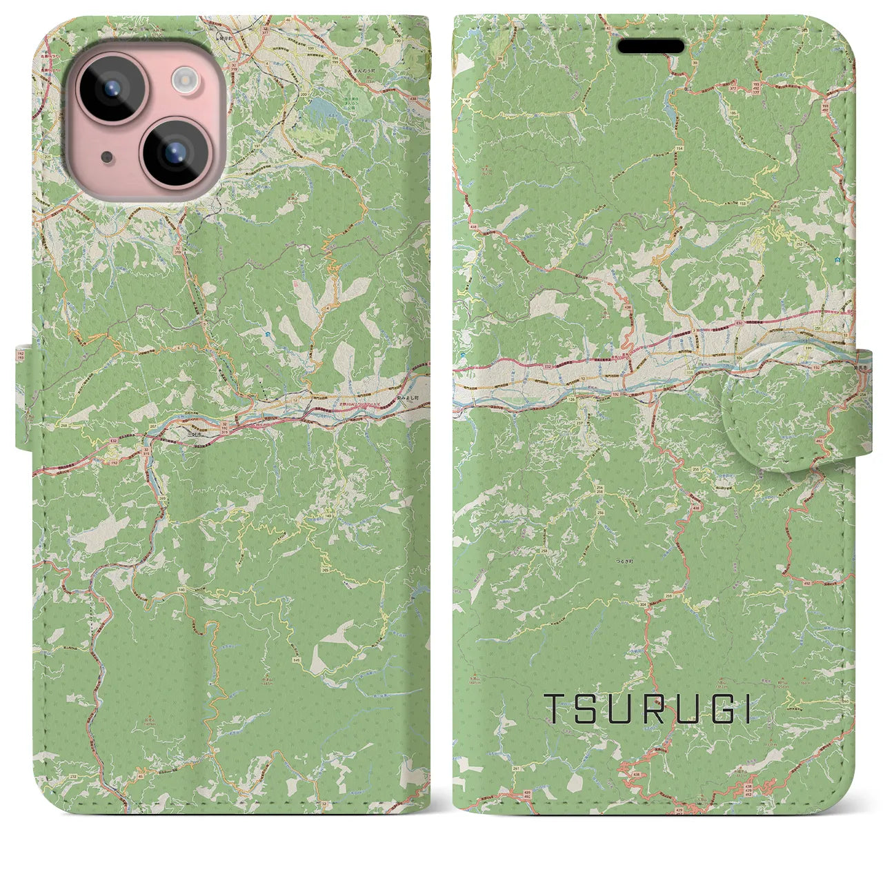 【つるぎ(徳島県)】地図柄iPhoneケース(手帳タイプ)ナチュラル・iPhone 15 Plus 用