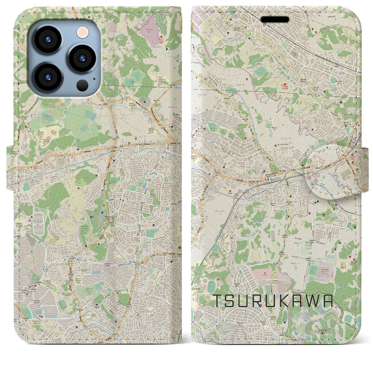 【鶴川(東京都)】地図柄iPhoneケース(手帳タイプ)ナチュラル・iPhone 13 Pro Max 用