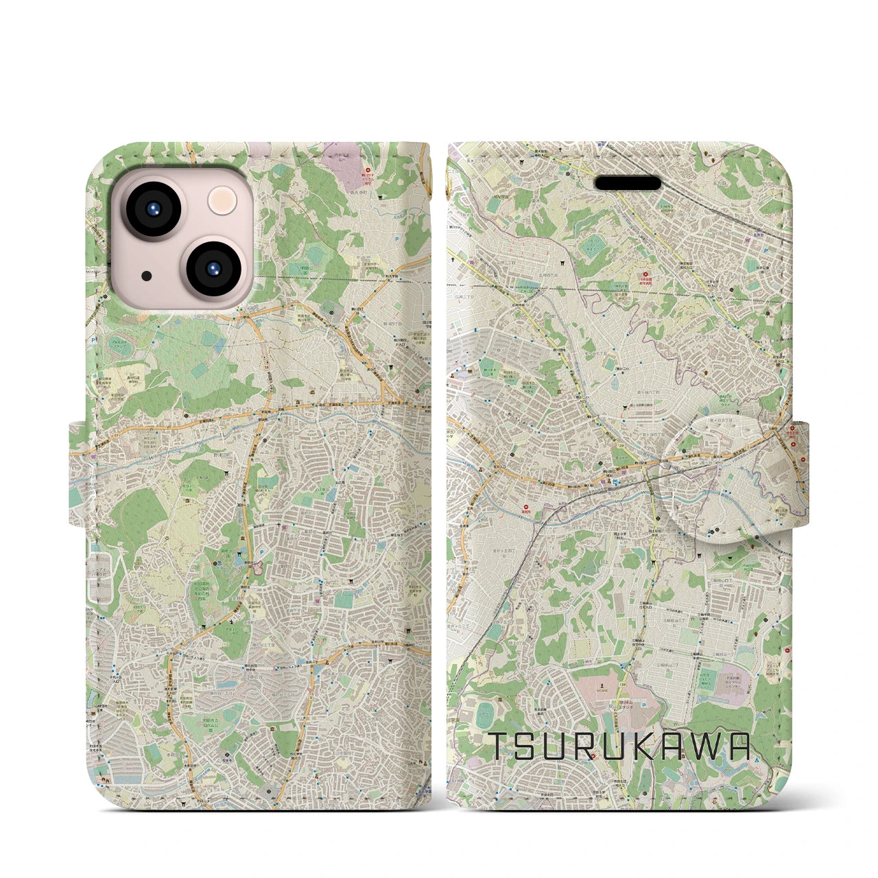 【鶴川(東京都)】地図柄iPhoneケース(手帳タイプ)ナチュラル・iPhone 13 mini 用