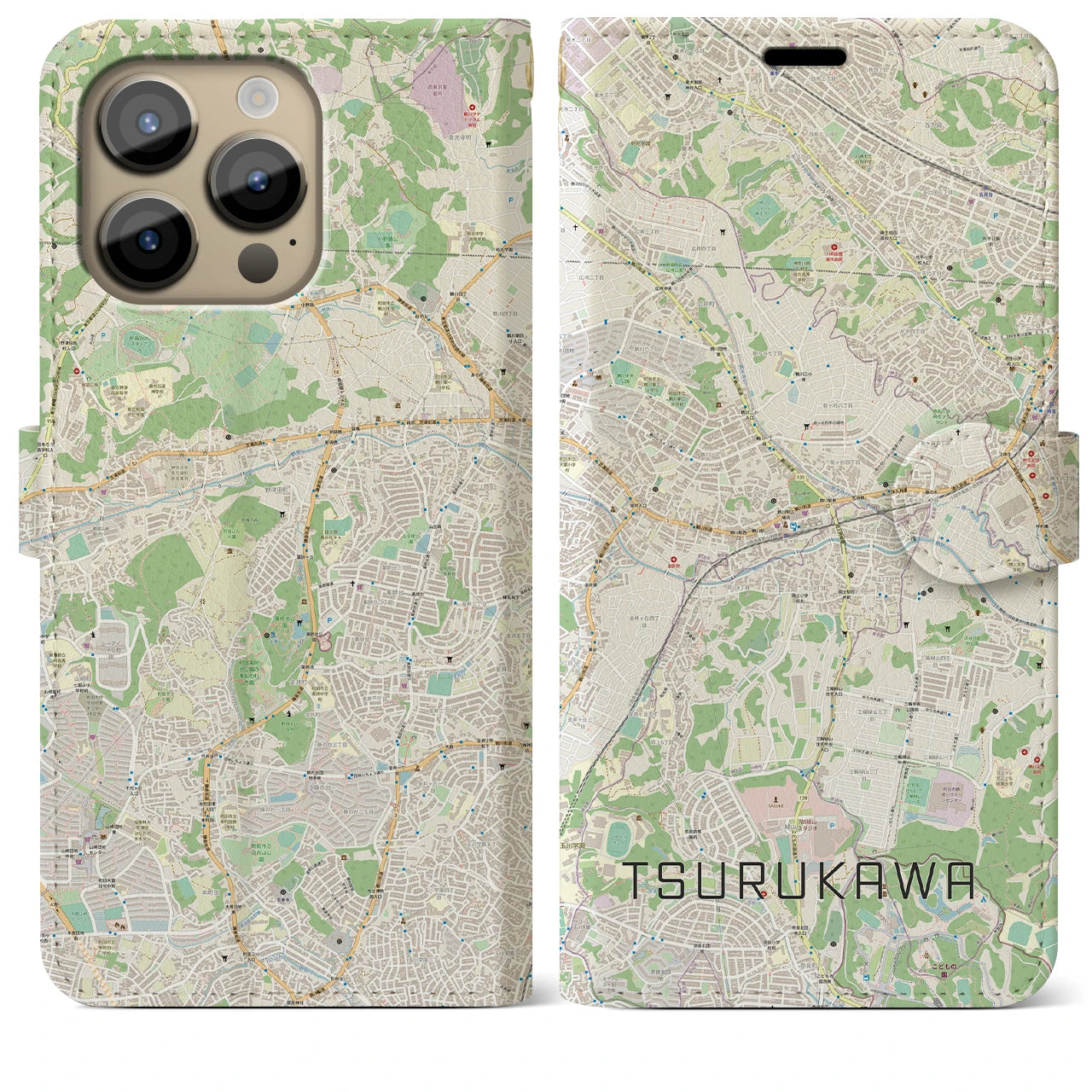 【鶴川(東京都)】地図柄iPhoneケース(手帳タイプ)ナチュラル・iPhone 14 Pro Max 用