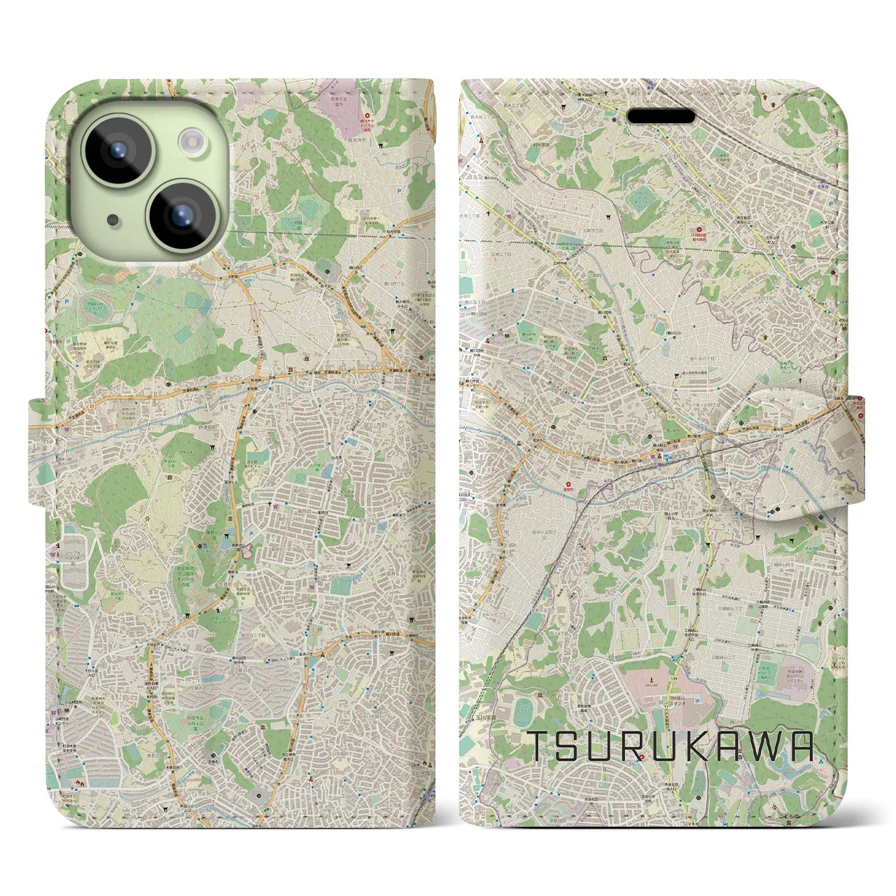 【鶴川(東京都)】地図柄iPhoneケース(手帳タイプ)ナチュラル・iPhone 15 用