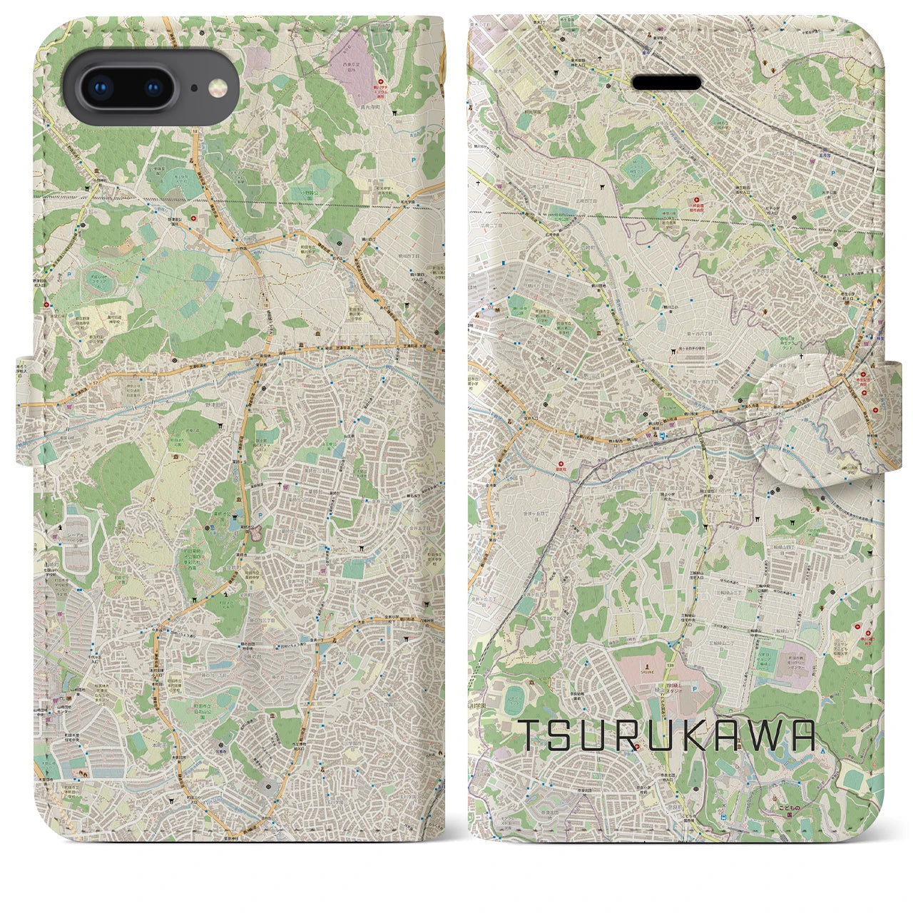 【鶴川(東京都)】地図柄iPhoneケース(手帳タイプ)ナチュラル・iPhone 8Plus /7Plus / 6sPlus / 6Plus 用