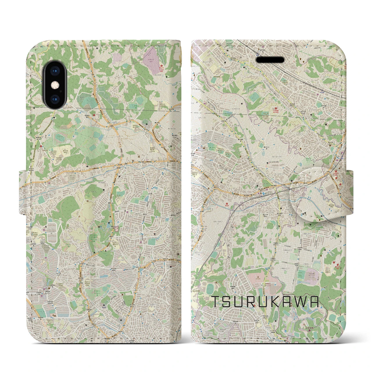 【鶴川(東京都)】地図柄iPhoneケース(手帳タイプ)ナチュラル・iPhone XS / X 用