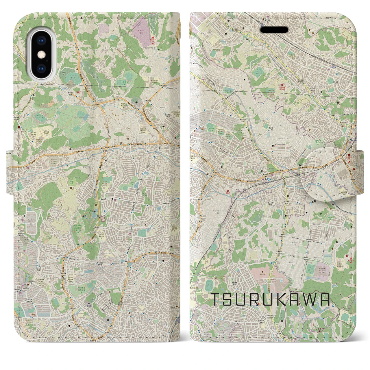 【鶴川(東京都)】地図柄iPhoneケース(手帳タイプ)ナチュラル・iPhone XS Max 用