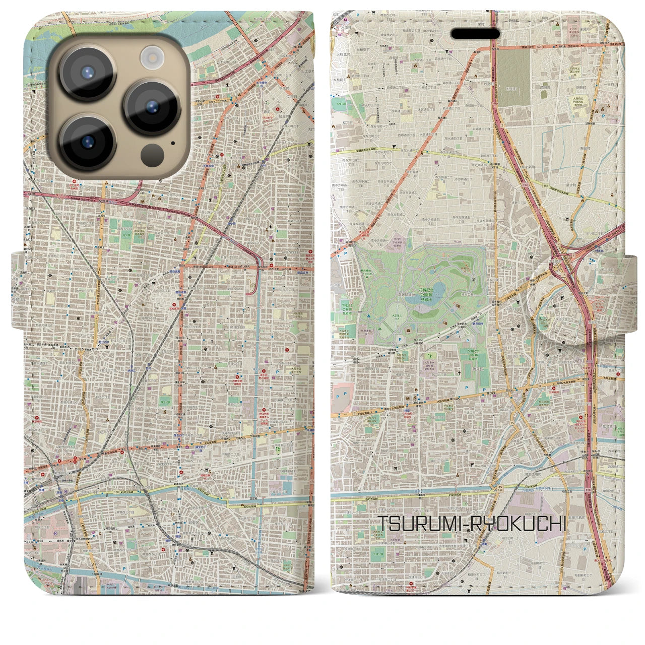 【鶴見緑地(大阪府)】地図柄iPhoneケース(手帳タイプ)ナチュラル・iPhone 14 Pro Max 用
