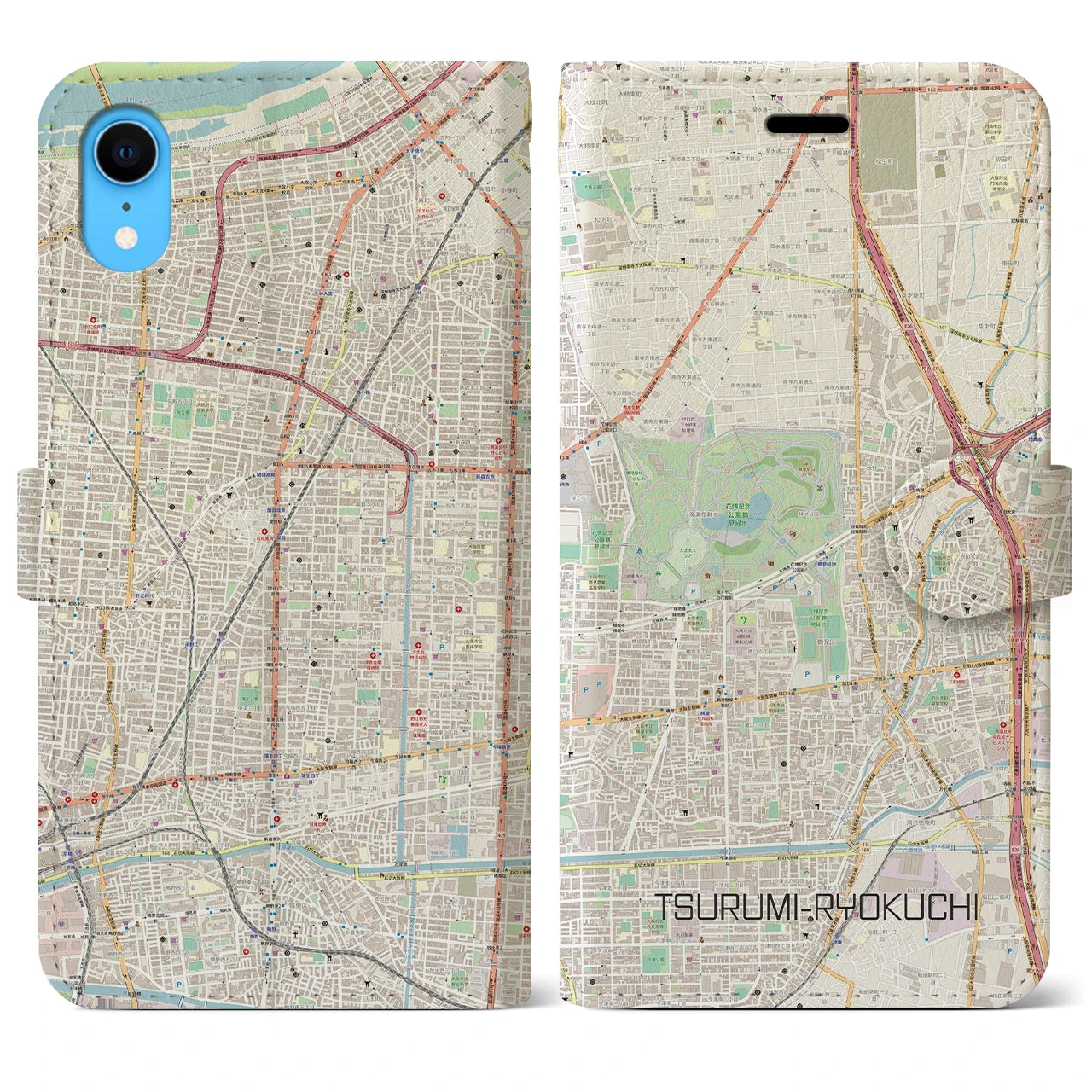 【鶴見緑地(大阪府)】地図柄iPhoneケース(手帳タイプ)ナチュラル・iPhone XR 用