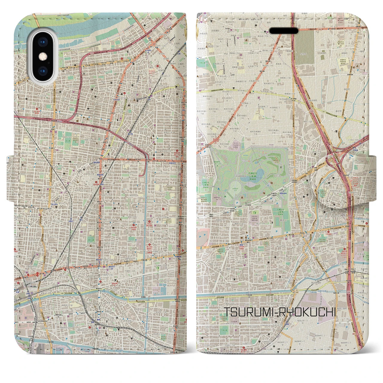 【鶴見緑地(大阪府)】地図柄iPhoneケース(手帳タイプ)ナチュラル・iPhone XS Max 用