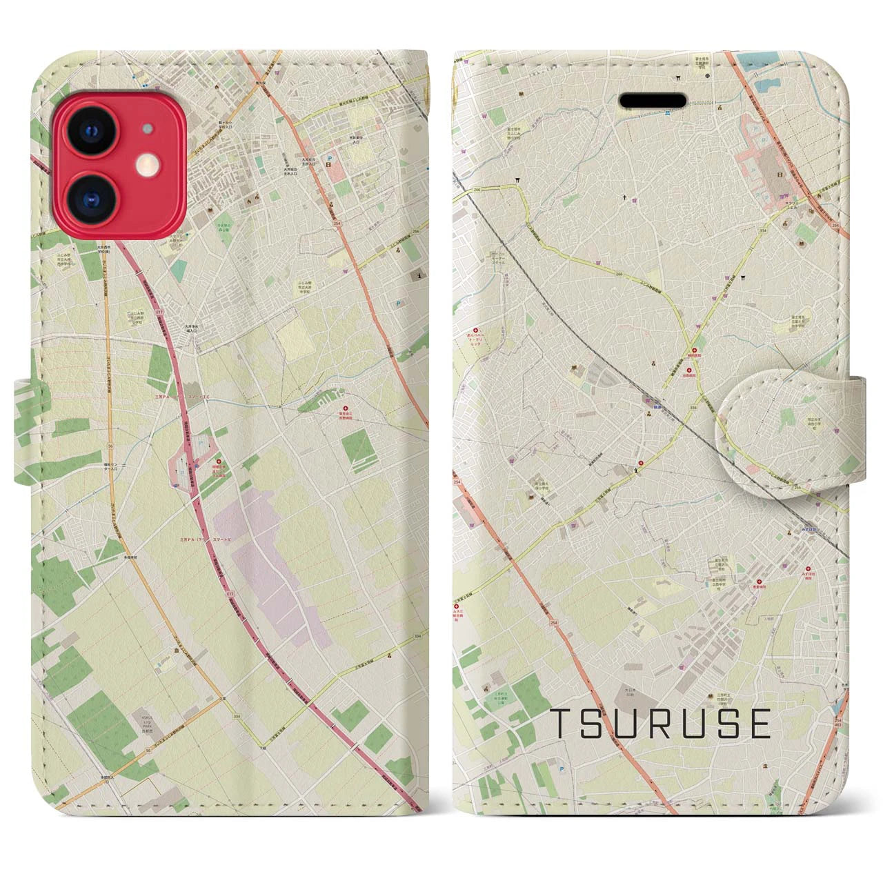 【鶴瀬(埼玉県)】地図柄iPhoneケース(手帳タイプ)ナチュラル・iPhone 11 用