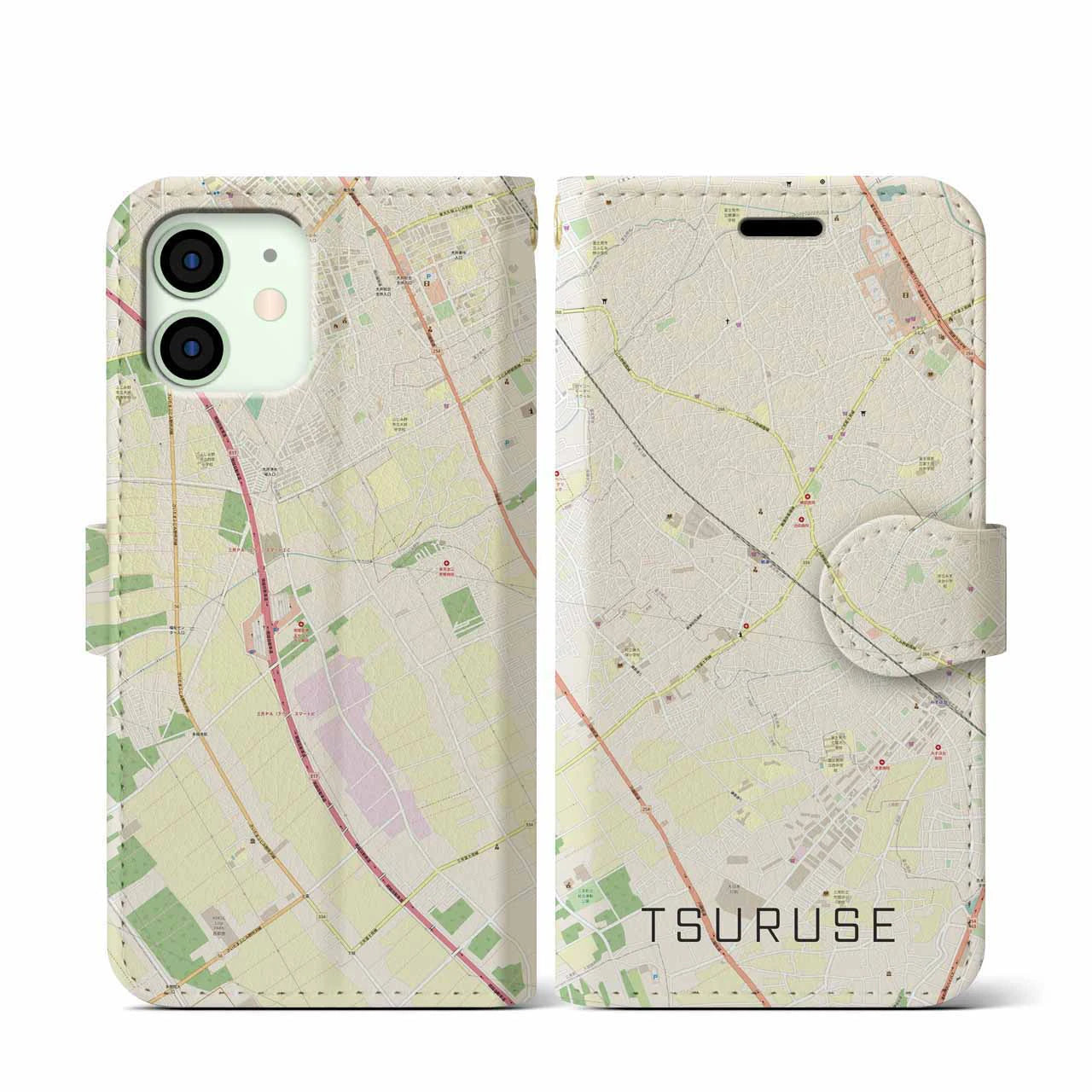 【鶴瀬(埼玉県)】地図柄iPhoneケース(手帳タイプ)ナチュラル・iPhone 12 mini 用