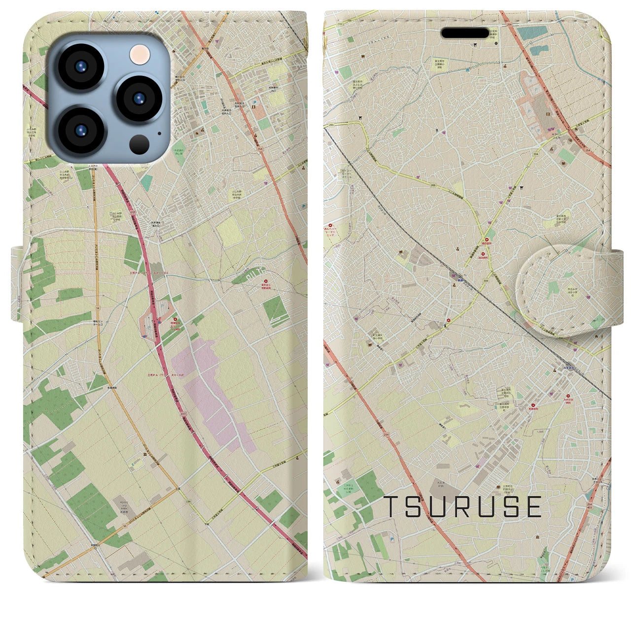 【鶴瀬(埼玉県)】地図柄iPhoneケース(手帳タイプ)ナチュラル・iPhone 13 Pro Max 用