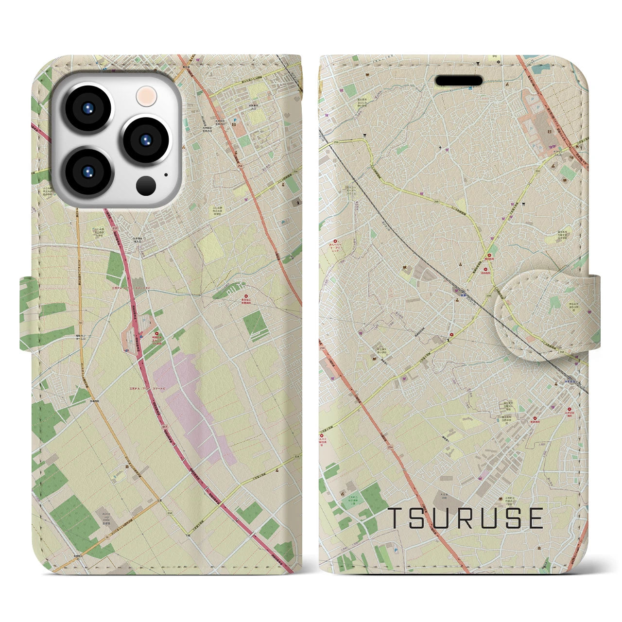 【鶴瀬(埼玉県)】地図柄iPhoneケース(手帳タイプ)ナチュラル・iPhone 13 Pro 用