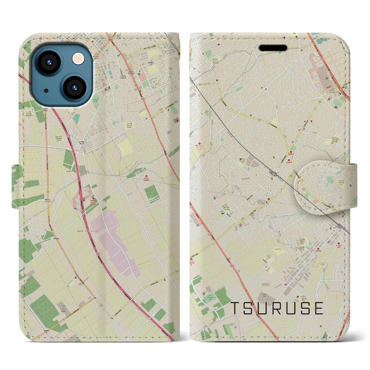 【鶴瀬(埼玉県)】地図柄iPhoneケース(手帳タイプ)ナチュラル・iPhone 13 用