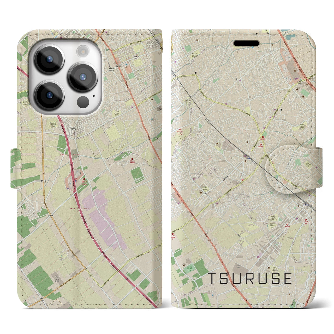 【鶴瀬(埼玉県)】地図柄iPhoneケース(手帳タイプ)ナチュラル・iPhone 14 Pro 用