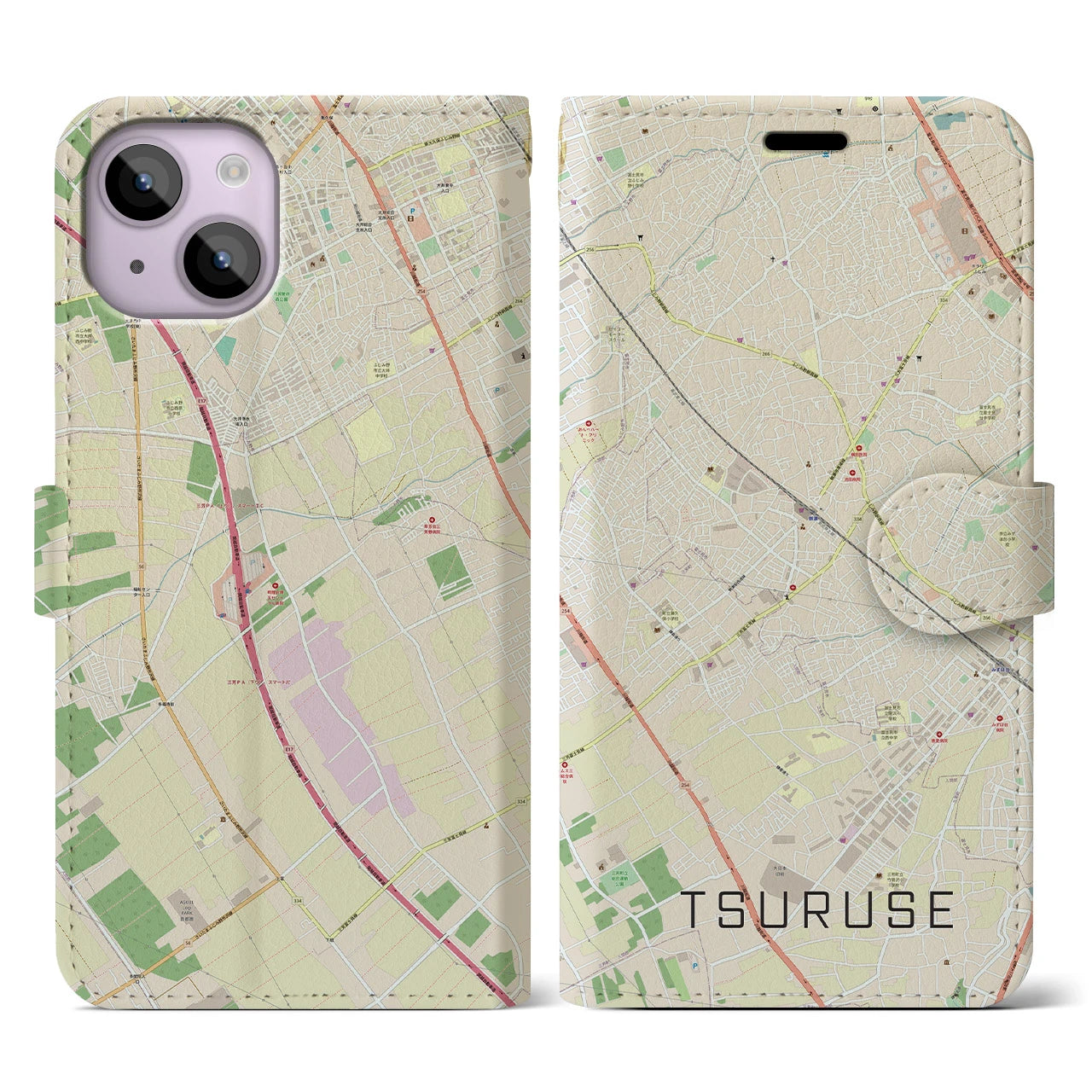 【鶴瀬(埼玉県)】地図柄iPhoneケース(手帳タイプ)ナチュラル・iPhone 14 用