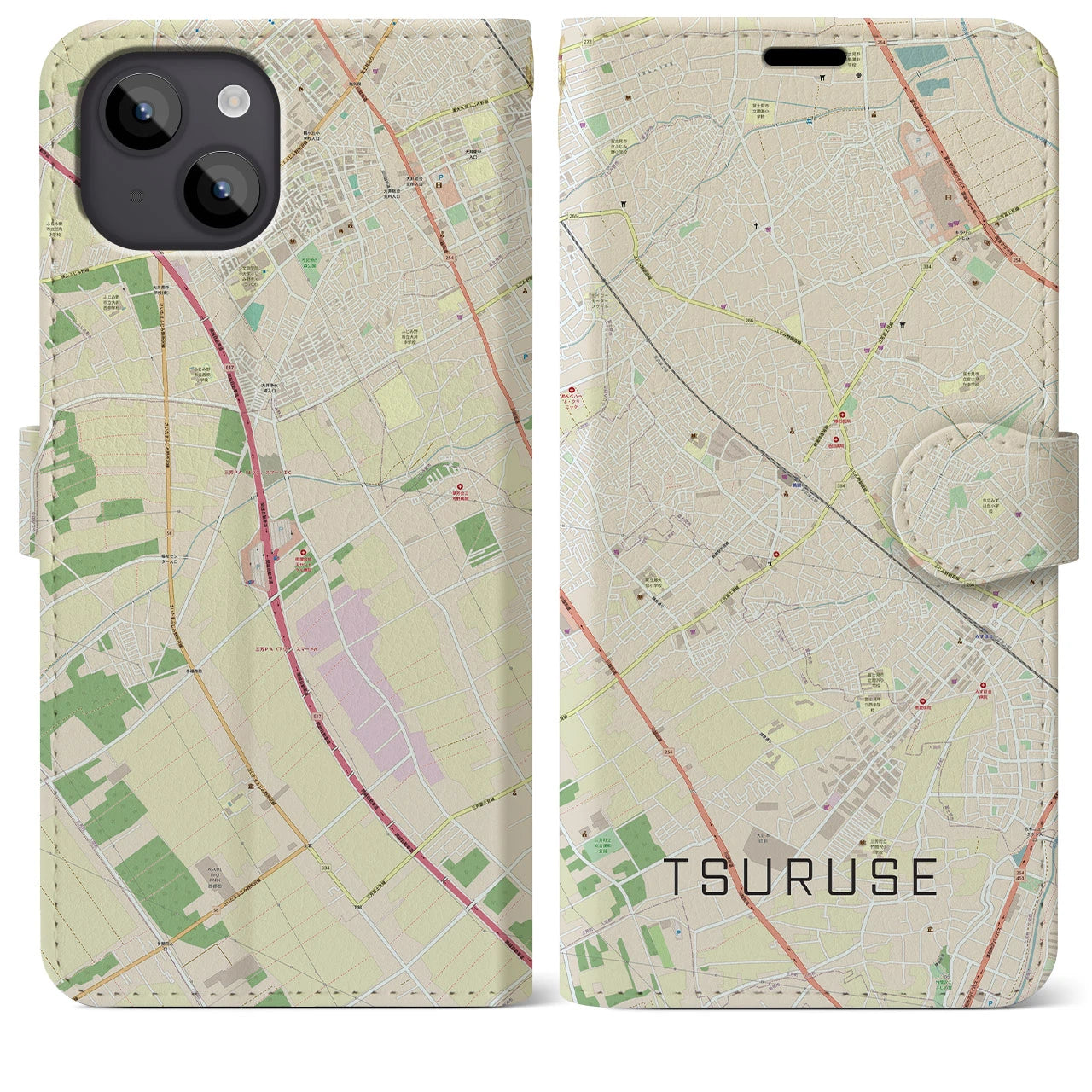 【鶴瀬(埼玉県)】地図柄iPhoneケース(手帳タイプ)ナチュラル・iPhone 14 Plus 用