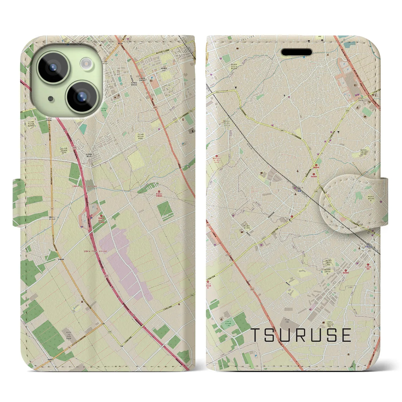 【鶴瀬(埼玉県)】地図柄iPhoneケース(手帳タイプ)ナチュラル・iPhone 15 用