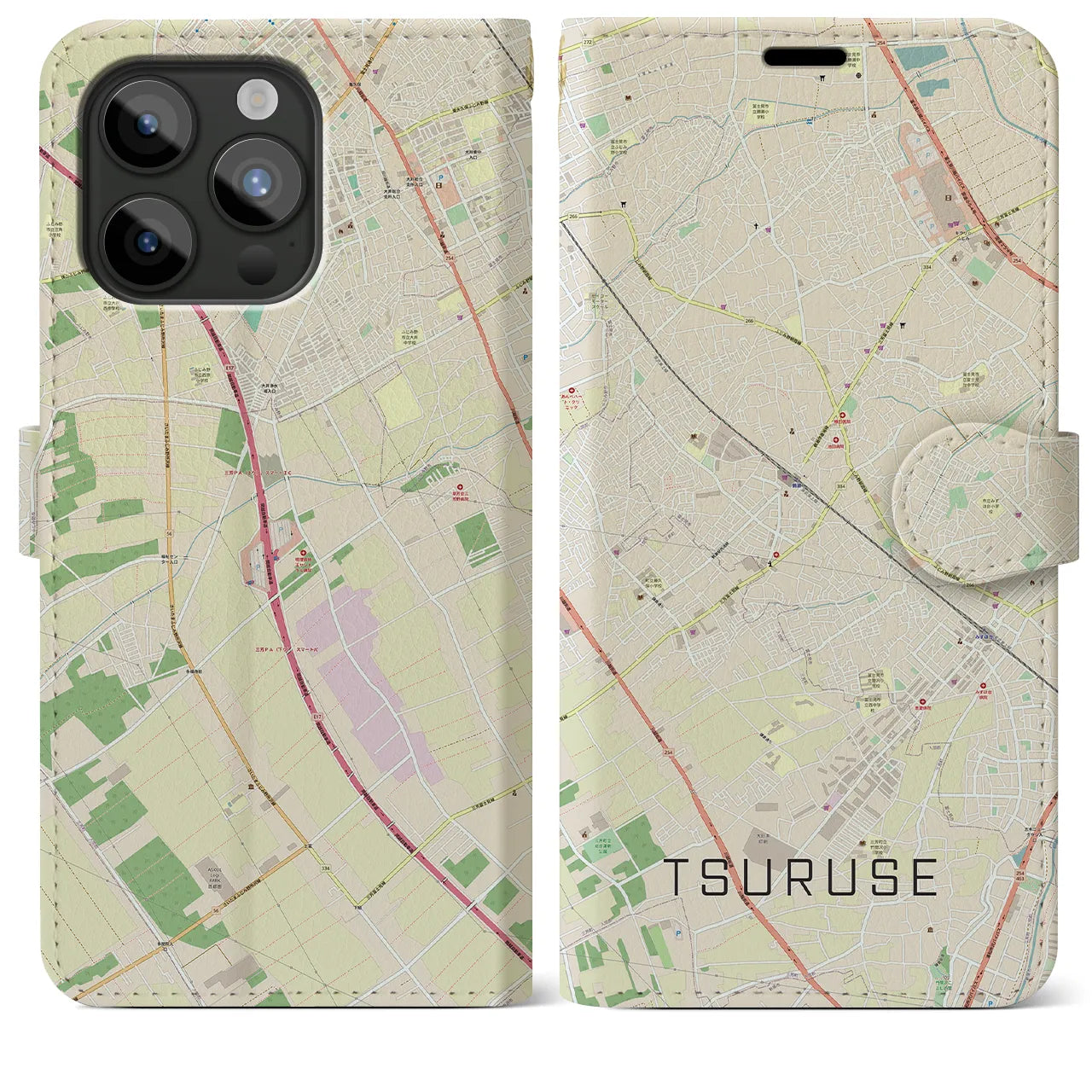【鶴瀬(埼玉県)】地図柄iPhoneケース(手帳タイプ)ナチュラル・iPhone 15 Pro Max 用