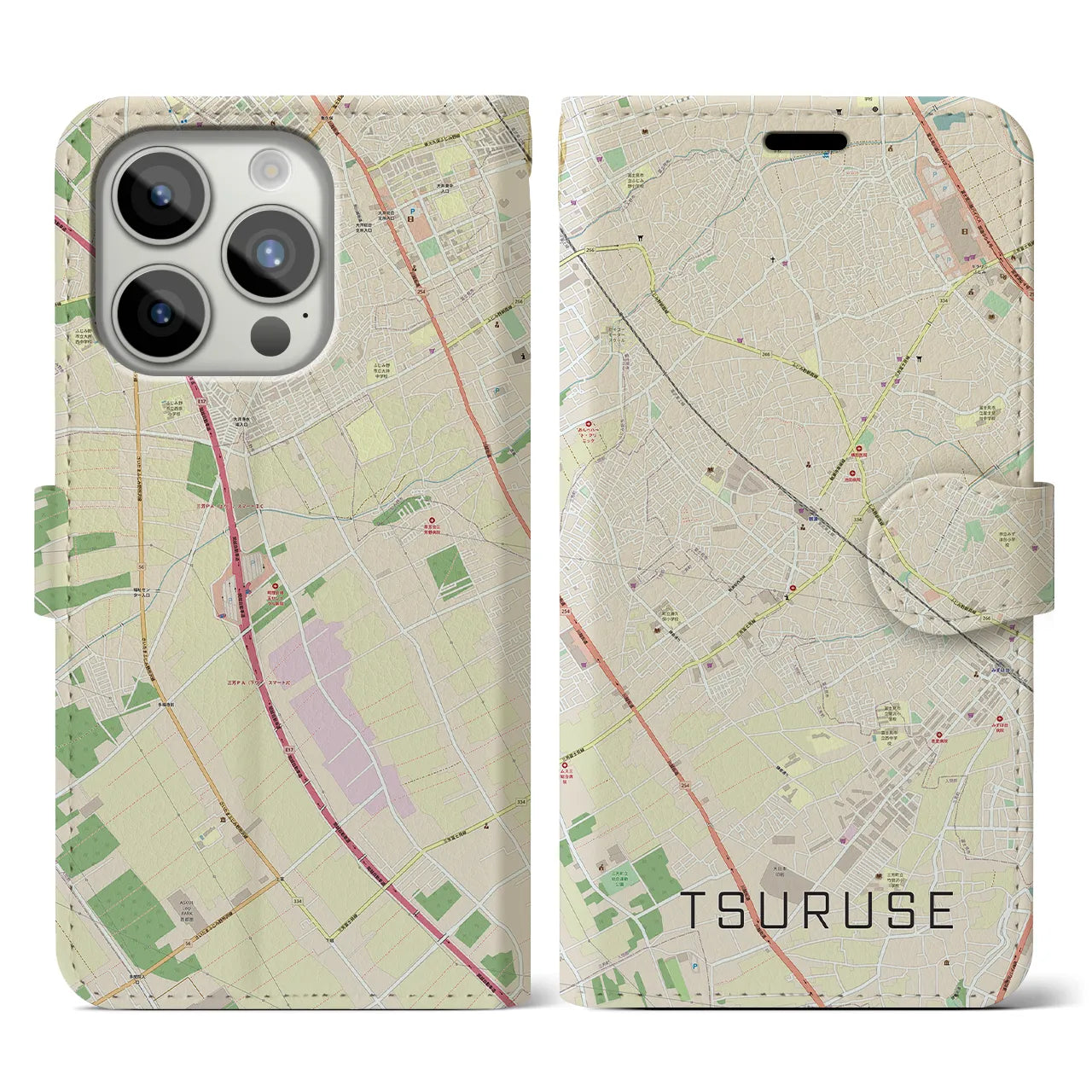 【鶴瀬(埼玉県)】地図柄iPhoneケース(手帳タイプ)ナチュラル・iPhone 15 Pro 用