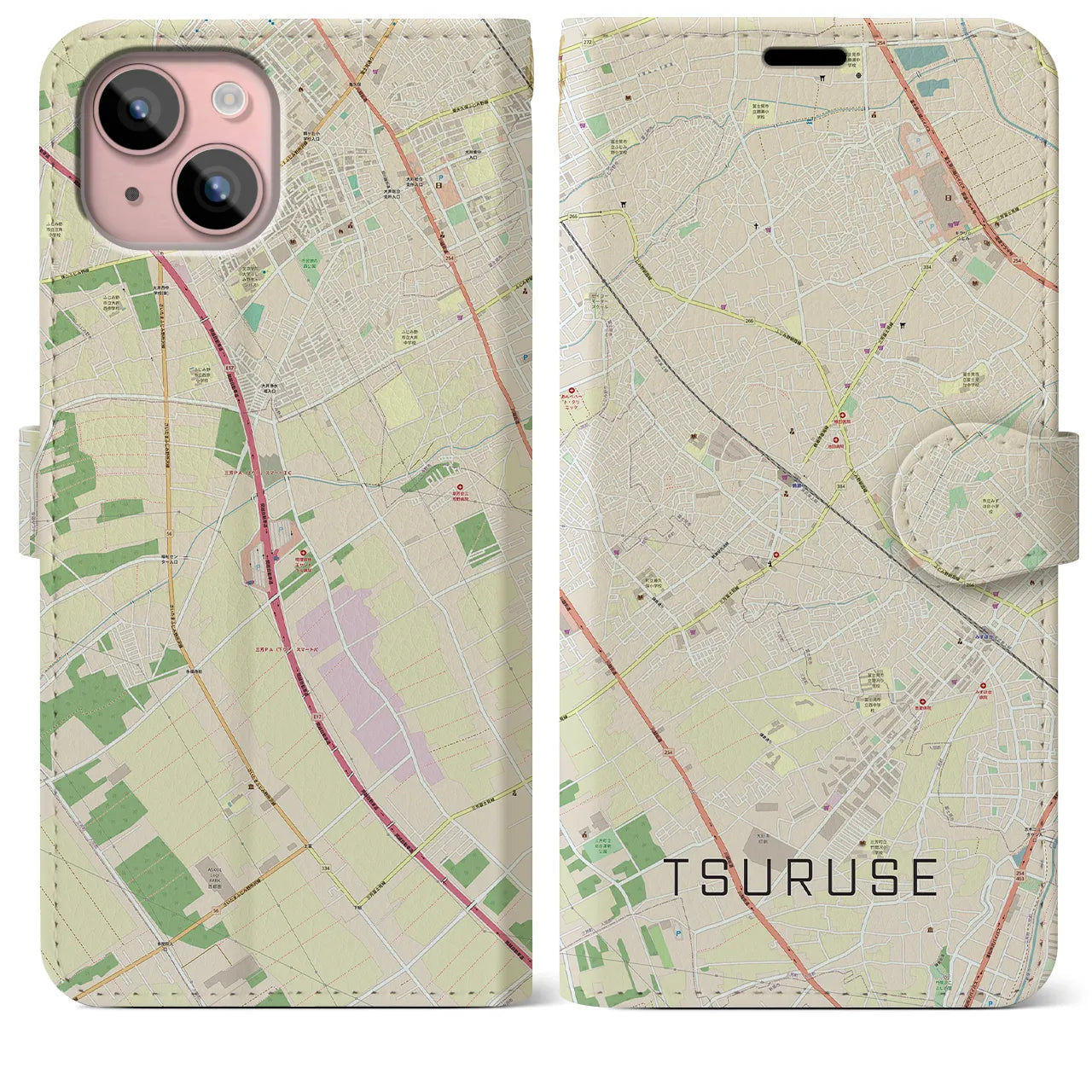 【鶴瀬(埼玉県)】地図柄iPhoneケース(手帳タイプ)ナチュラル・iPhone 15 Plus 用