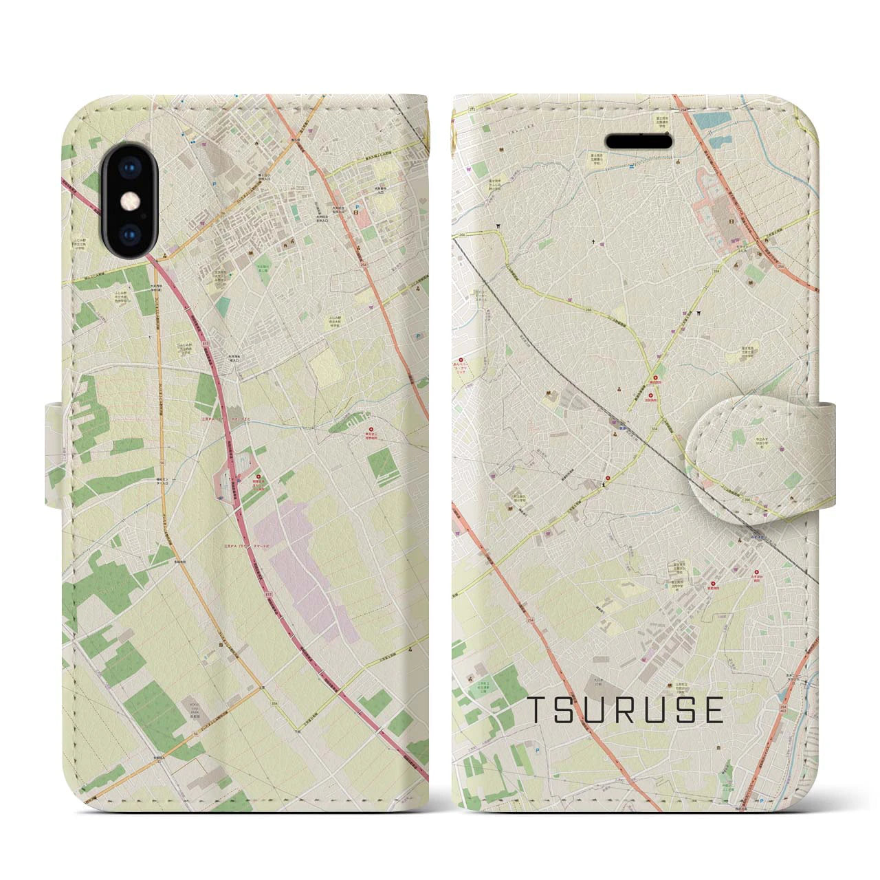 【鶴瀬(埼玉県)】地図柄iPhoneケース(手帳タイプ)ナチュラル・iPhone XS / X 用
