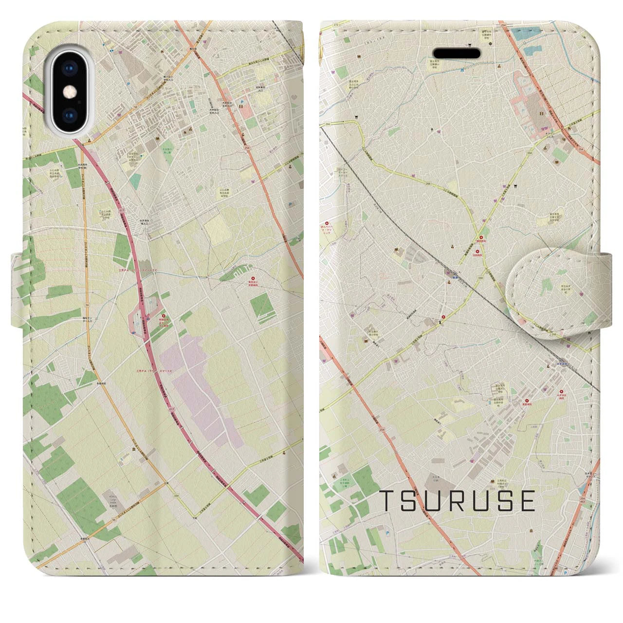 【鶴瀬(埼玉県)】地図柄iPhoneケース(手帳タイプ)ナチュラル・iPhone XS Max 用