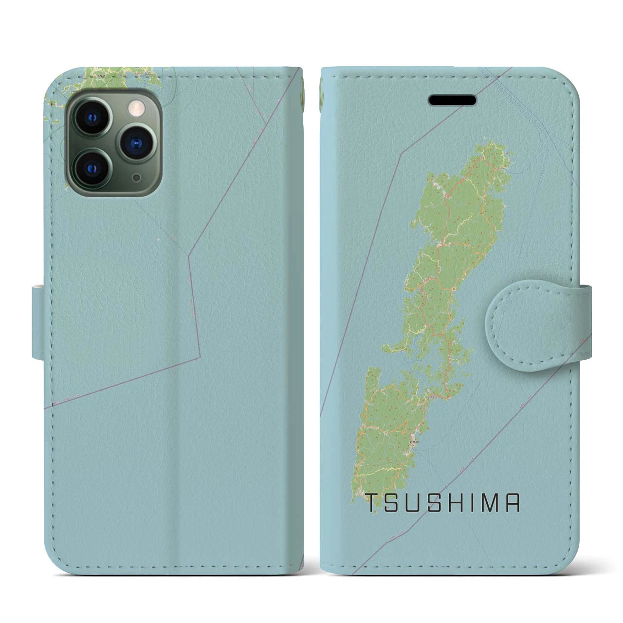 【対馬(長崎県)】地図柄iPhoneケース(手帳タイプ)ナチュラル・iPhone 11 Pro 用