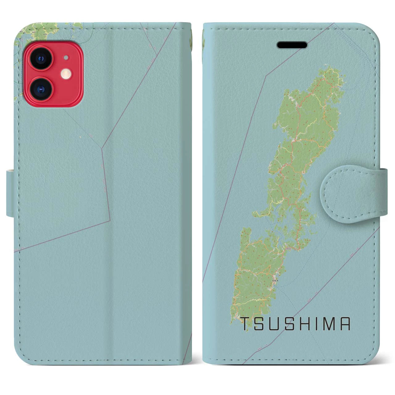 【対馬(長崎県)】地図柄iPhoneケース(手帳タイプ)ナチュラル・iPhone 11 用