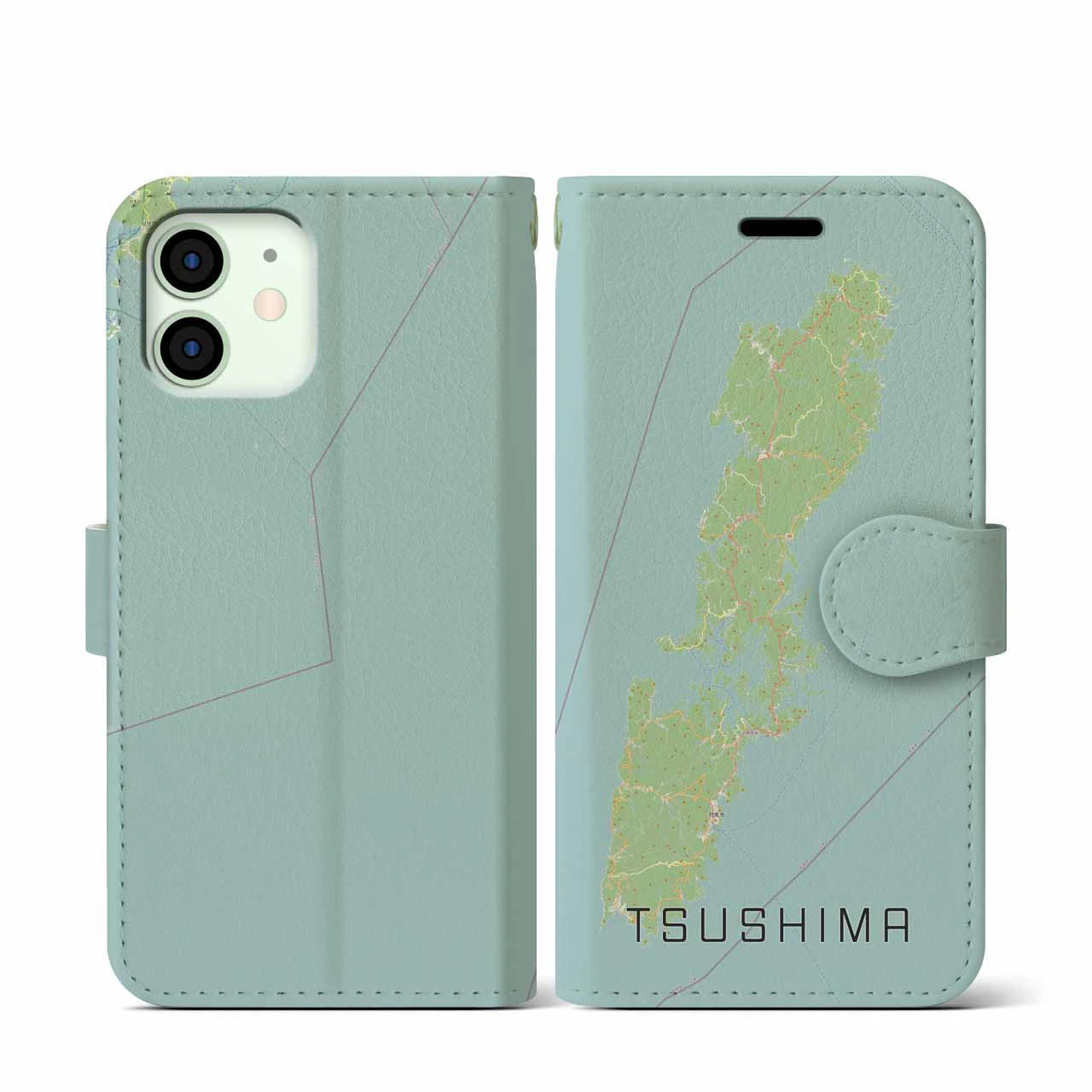 【対馬(長崎県)】地図柄iPhoneケース(手帳タイプ)ナチュラル・iPhone 12 mini 用
