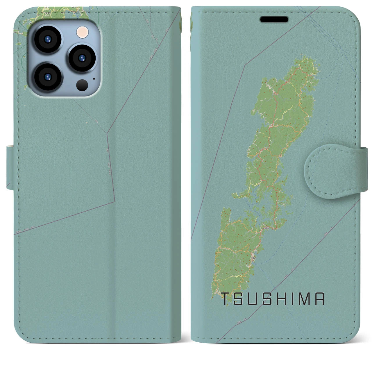 【対馬(長崎県)】地図柄iPhoneケース(手帳タイプ)ナチュラル・iPhone 13 Pro Max 用