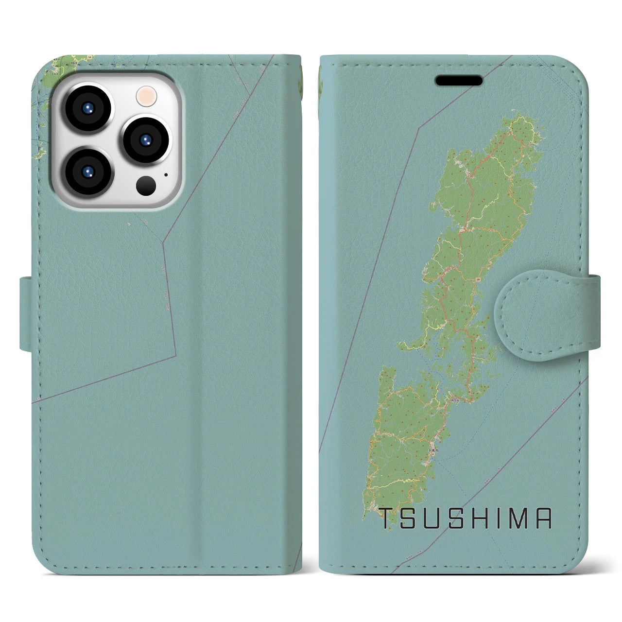 【対馬(長崎県)】地図柄iPhoneケース(手帳タイプ)ナチュラル・iPhone 13 Pro 用