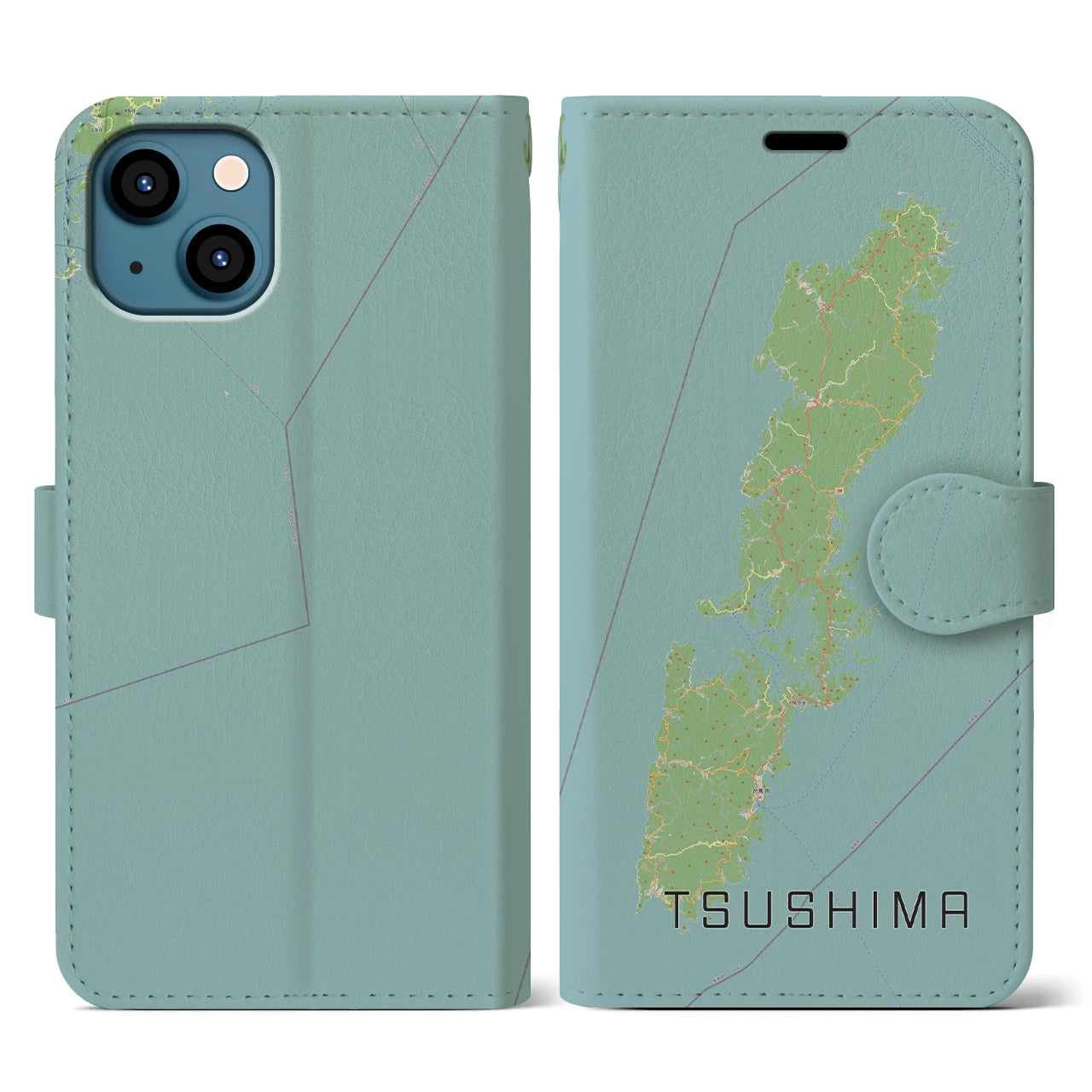 【対馬(長崎県)】地図柄iPhoneケース(手帳タイプ)ナチュラル・iPhone 13 用