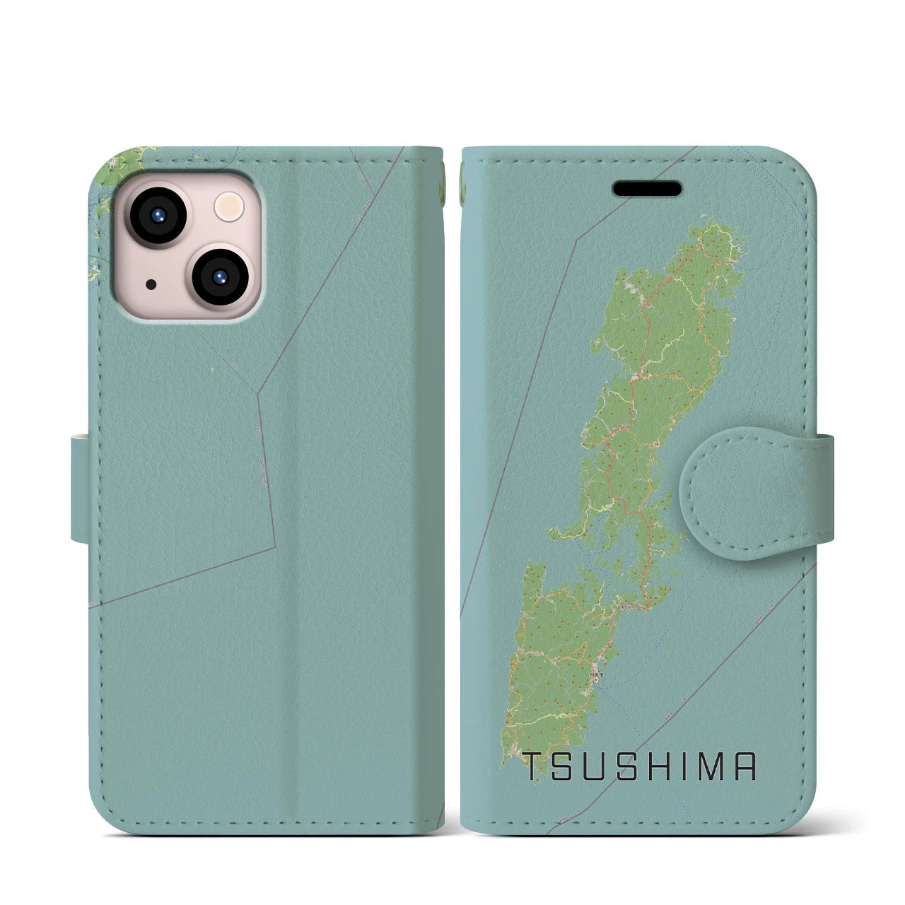 【対馬(長崎県)】地図柄iPhoneケース(手帳タイプ)ナチュラル・iPhone 13 mini 用
