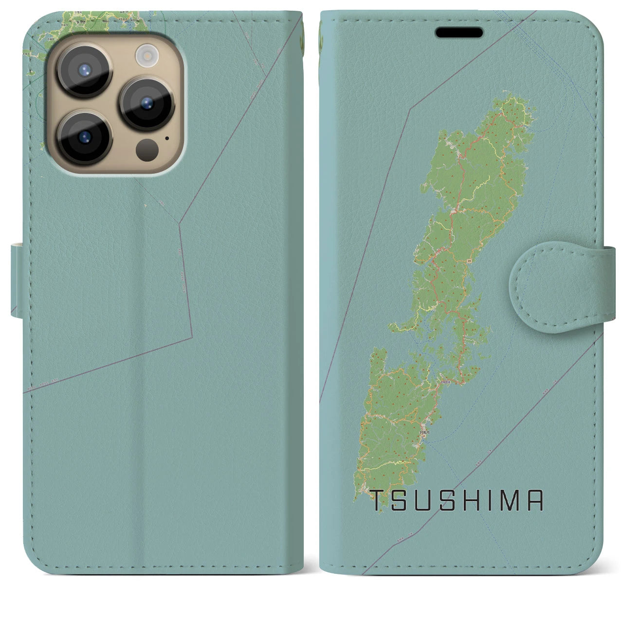 【対馬(長崎県)】地図柄iPhoneケース(手帳タイプ)ナチュラル・iPhone 14 Pro Max 用